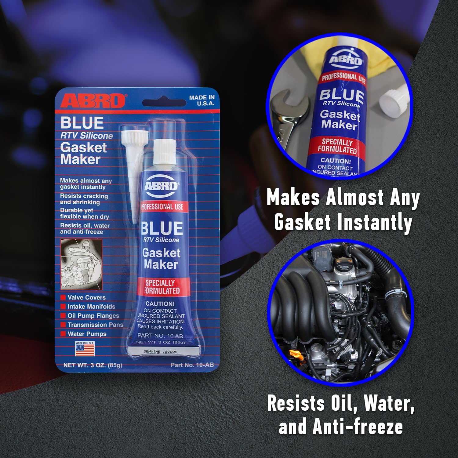 ABRO RTV Silicone Sealant & Gasket Maker, High Temp, 3 oz Tube, Blue, 2 Pack, Up to 500°F, Model 10-AB