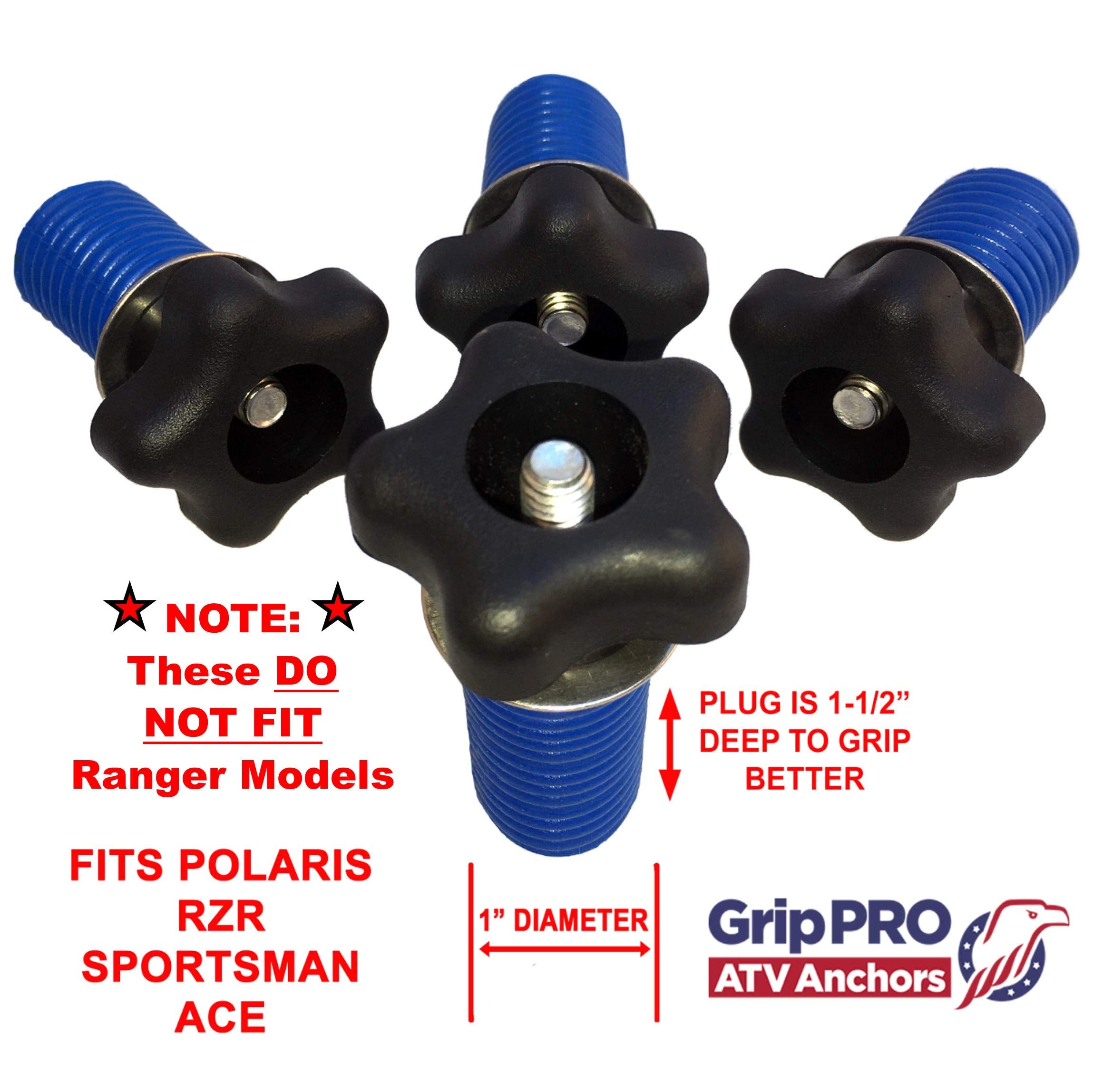 Grip PRO ATV Anchors GripPRO Knob Tie Down Anchors 4 Pack, Stainless Steel, RZR-Sportsman, Blue, Model 13 for 1" Lock & Ride Bed Holes