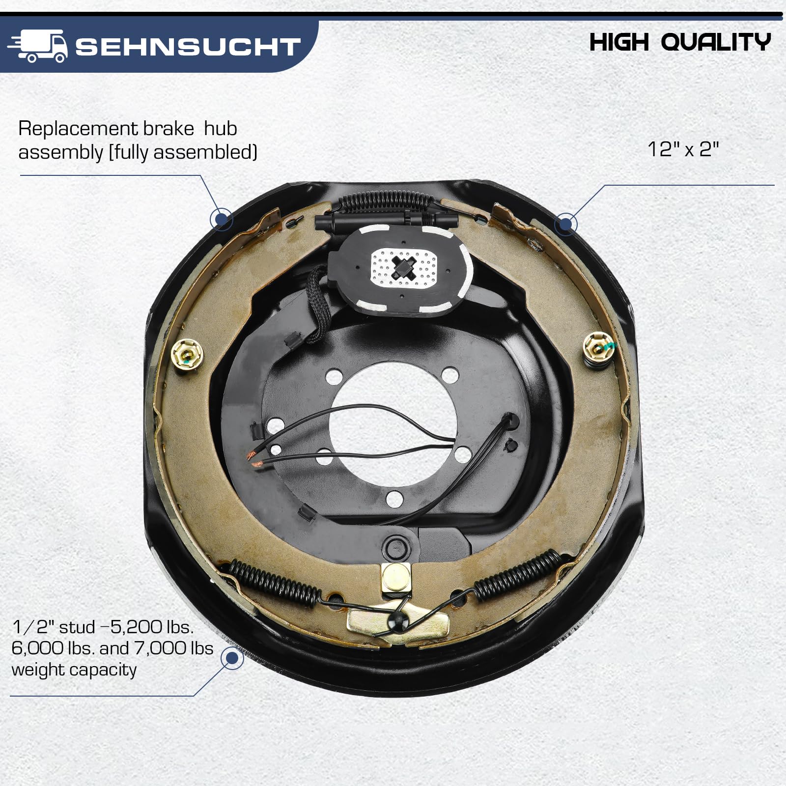 Trailer Axle Electric Brake Kit, Pair Of 8-6.5'' Bolt Circle Brake Drum With 12'' X 2'' Electric Brakes For 5200-7000 Lb Axles,