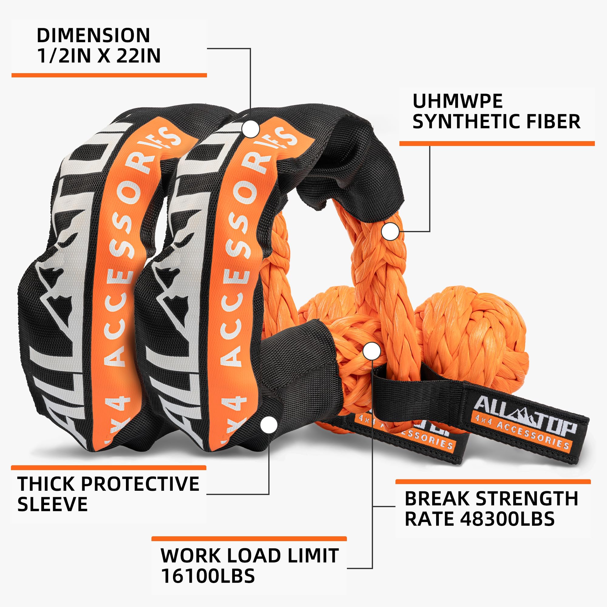 All-Top Kinetic Recovery Rope Kit W/ 2 Soft Shackles, 48000Lbs, 1In X 30Ft, Heavy Duty 30+% Elasticity, 16000Lbs Work Load Limit
