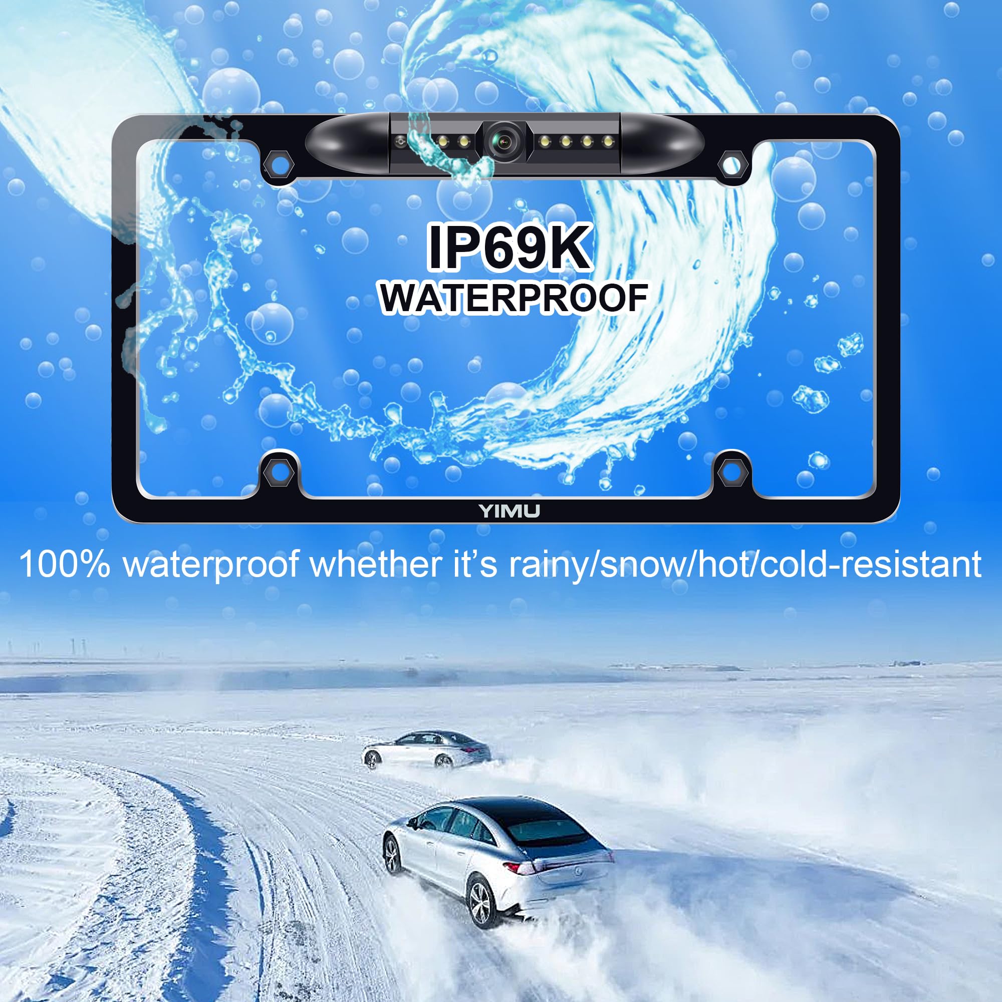 YIMU Backup Camera A706 - IP69 Waterproof Night Vision License Plate Frame for Car/SUV/Truck - 12.2"x6.3"x1.18", Black
