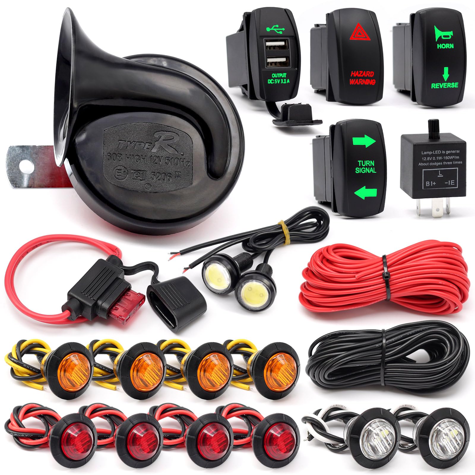 Universal Atv Utv Turn Signal Horn Kit,Street Legal Kit For Utv Rov Atv Golf Sxs Car With Rocker Switch 2 Ports Usb Relay Horn F