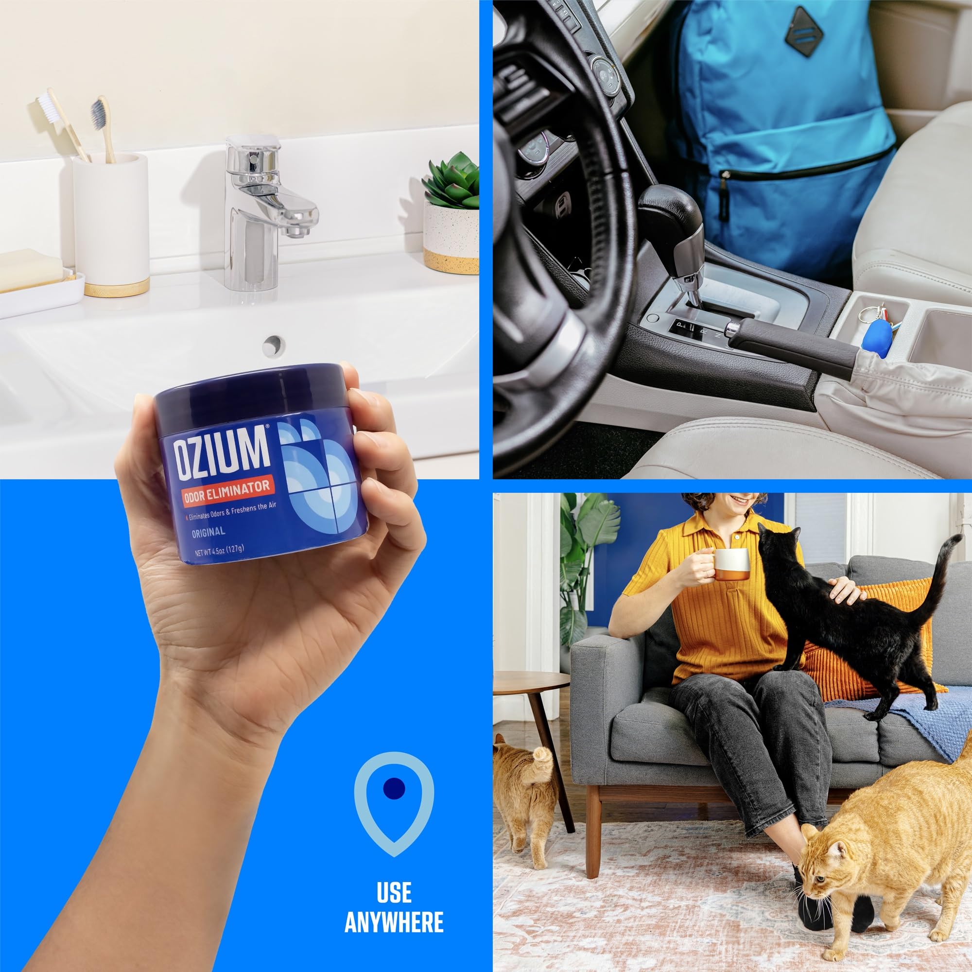 Ozium Odor Eliminating Gel 4.5 Ounce 4 Pack - New Car Smell, Multicolor, Model A807042-4 for Homes, Cars, Offices