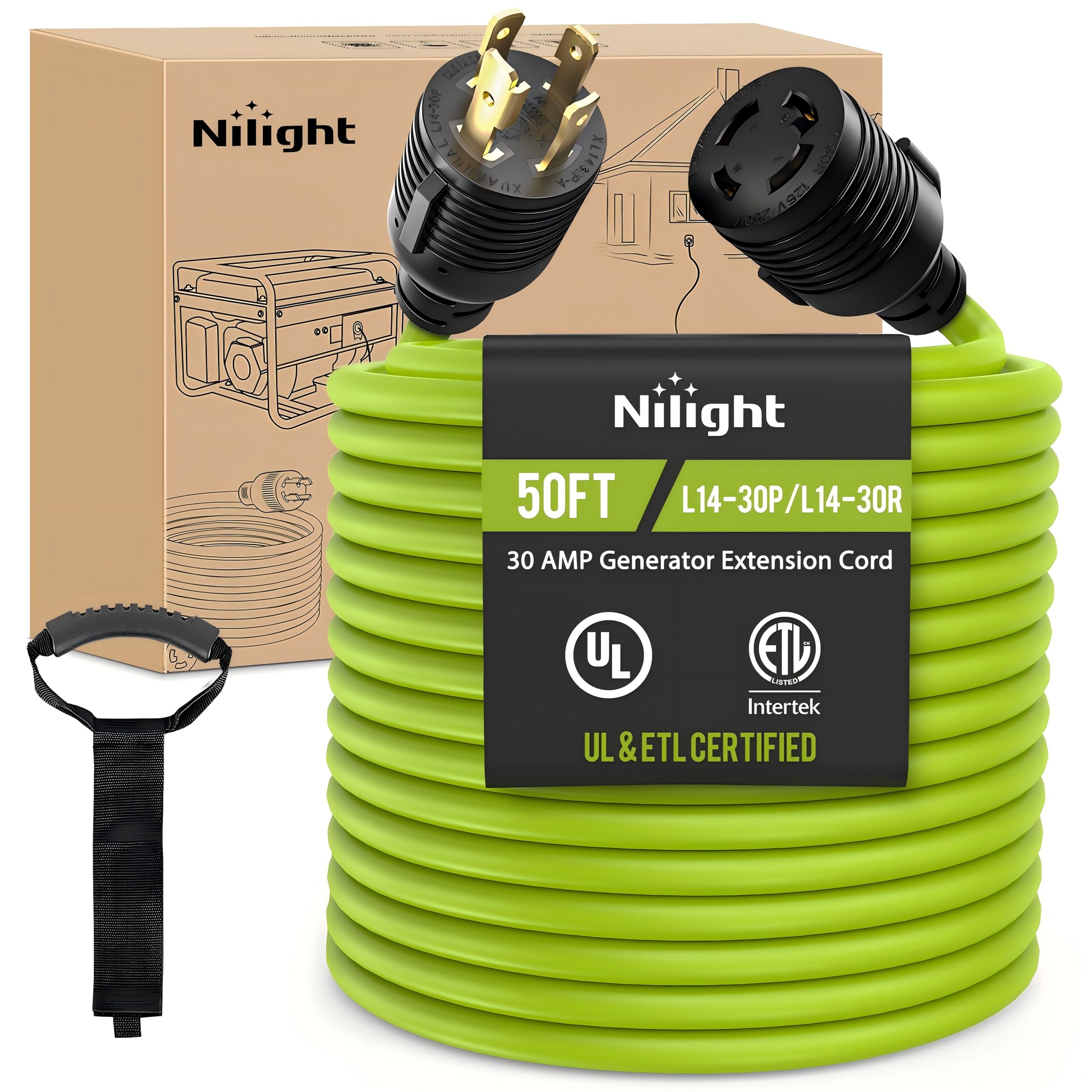 Nilight 50Ft 30Amp Generator Extension Cord 125V Heavy Duty 10/3 Gauge Pure Copper Stw Wire Ul Etl Listed 3 Prong L14-30P L14-30