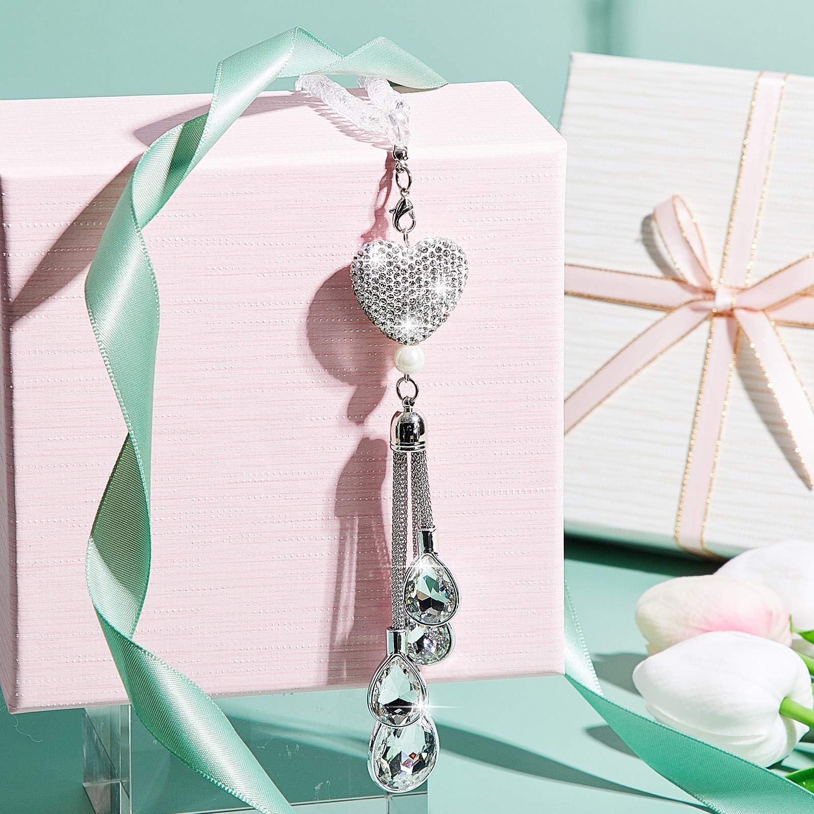 Frienda Bling Heart Diamond Car Accessories For Women, Crystal Car Rear View Mirror Charms Car Decoration Valentine'S Day Gifts