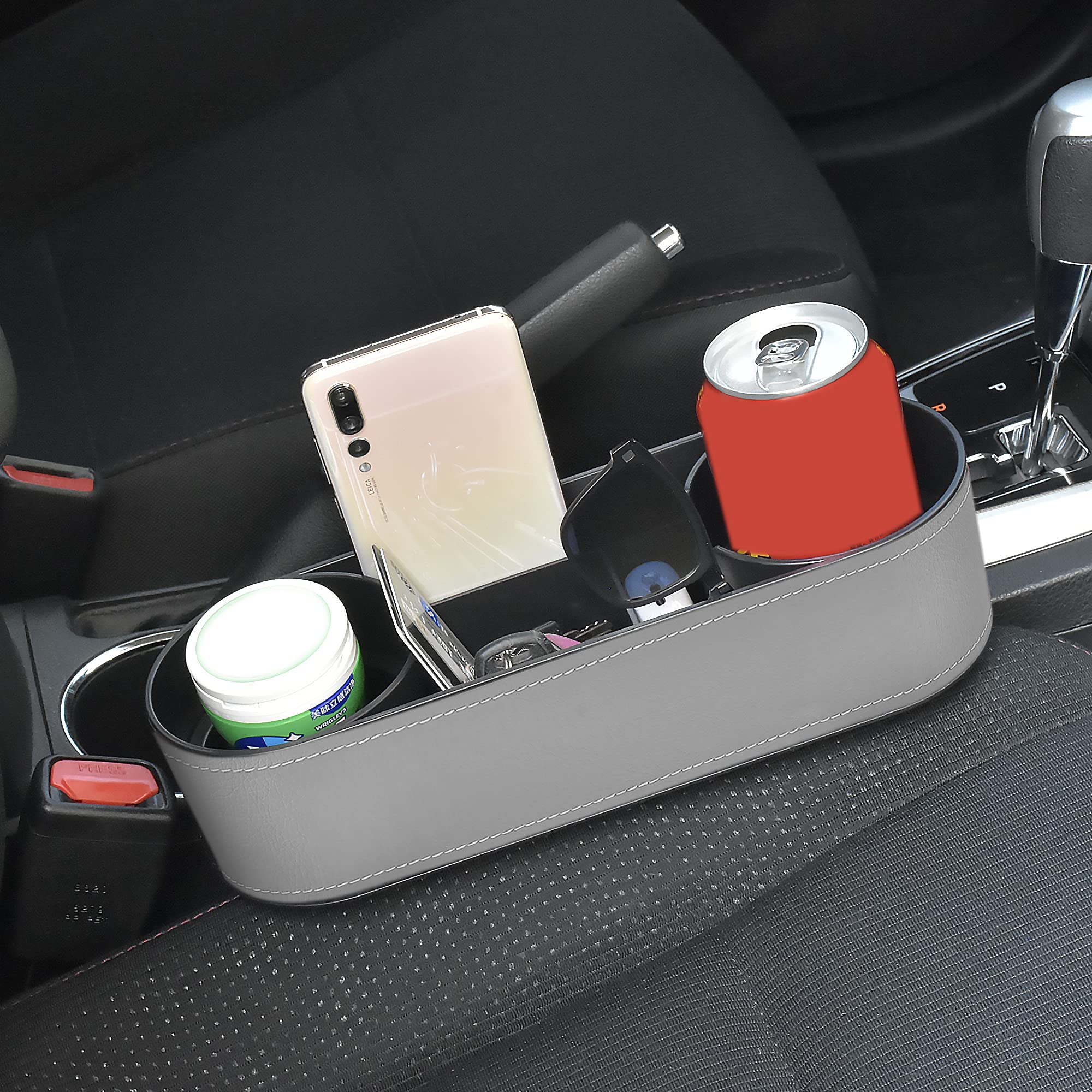 Iokone Coin Side Pocket Console Side Pocket Leather Cover Car Cup Holder Auto Front Seat Organizer Cell Mobile Phone Holder (Sli