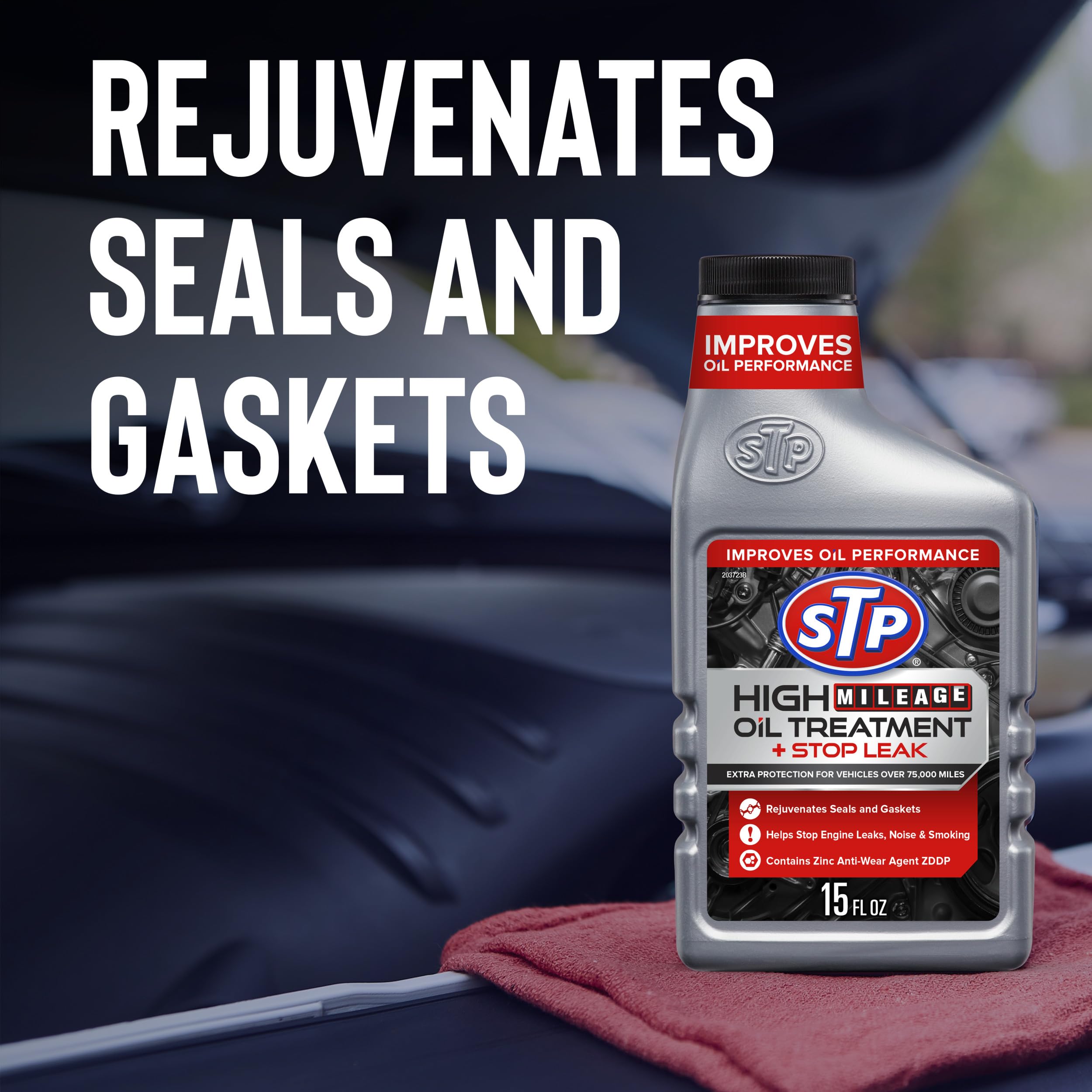 STP High Mileage Oil Treatment + Stop Leak, 15 FL OZ, Model 15604B - Engine Oil Additive for Enhanced Performance