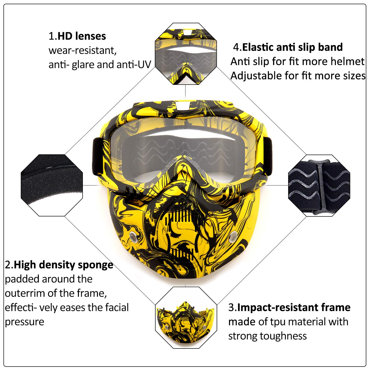 SPOSUNE Motorcycle Goggles with Detachable Face Mask, Anti-Scratch UV400 Eyewear, Clear Lens, 7.87 x 0.6 inch, Mt-009-yb Color