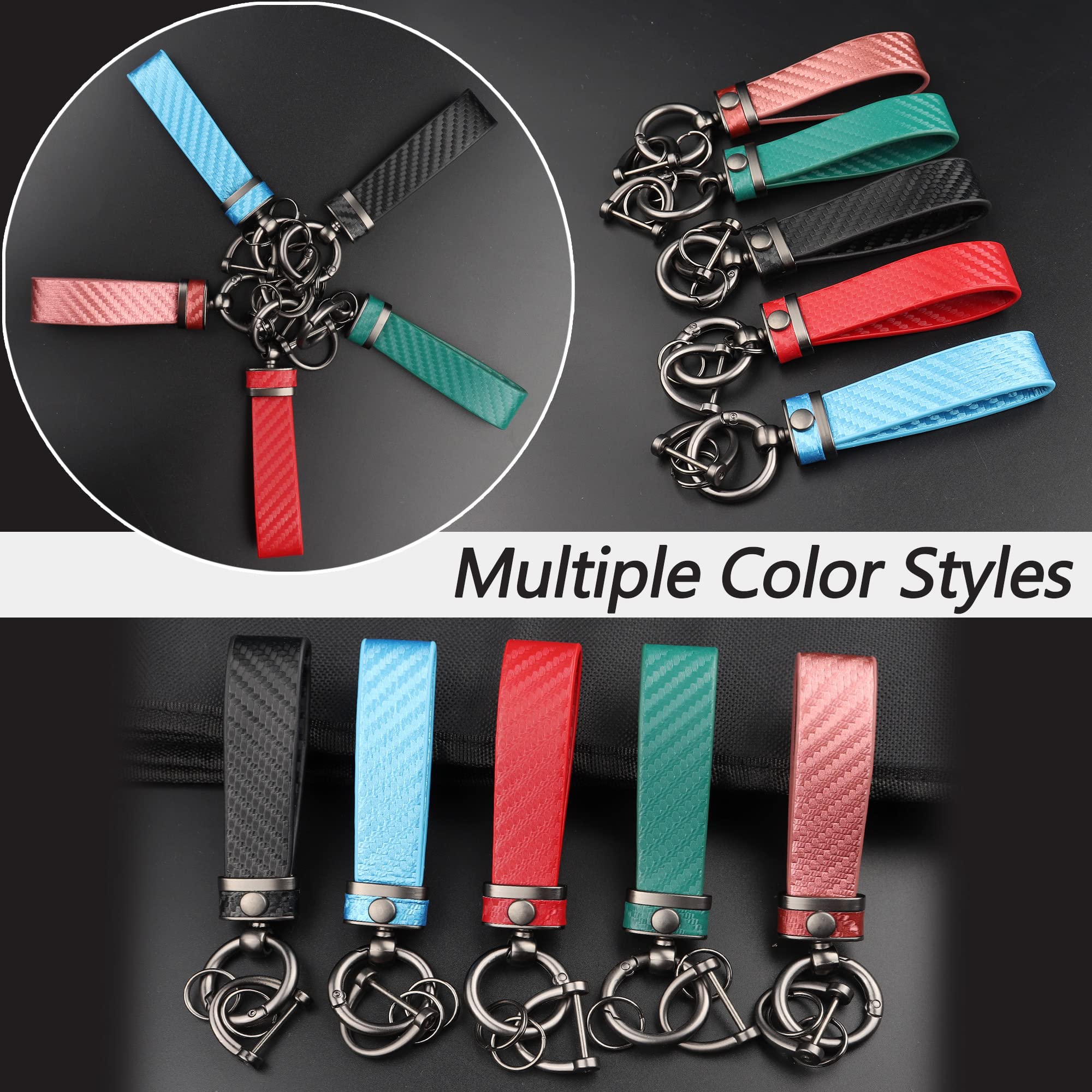 Turcee Carbon Fiber Car Keychain,Interior Accessories Keychains Leather Car Key Fob,Car Accessories Key Ring & Anti-Lost D-Ring(Blue)