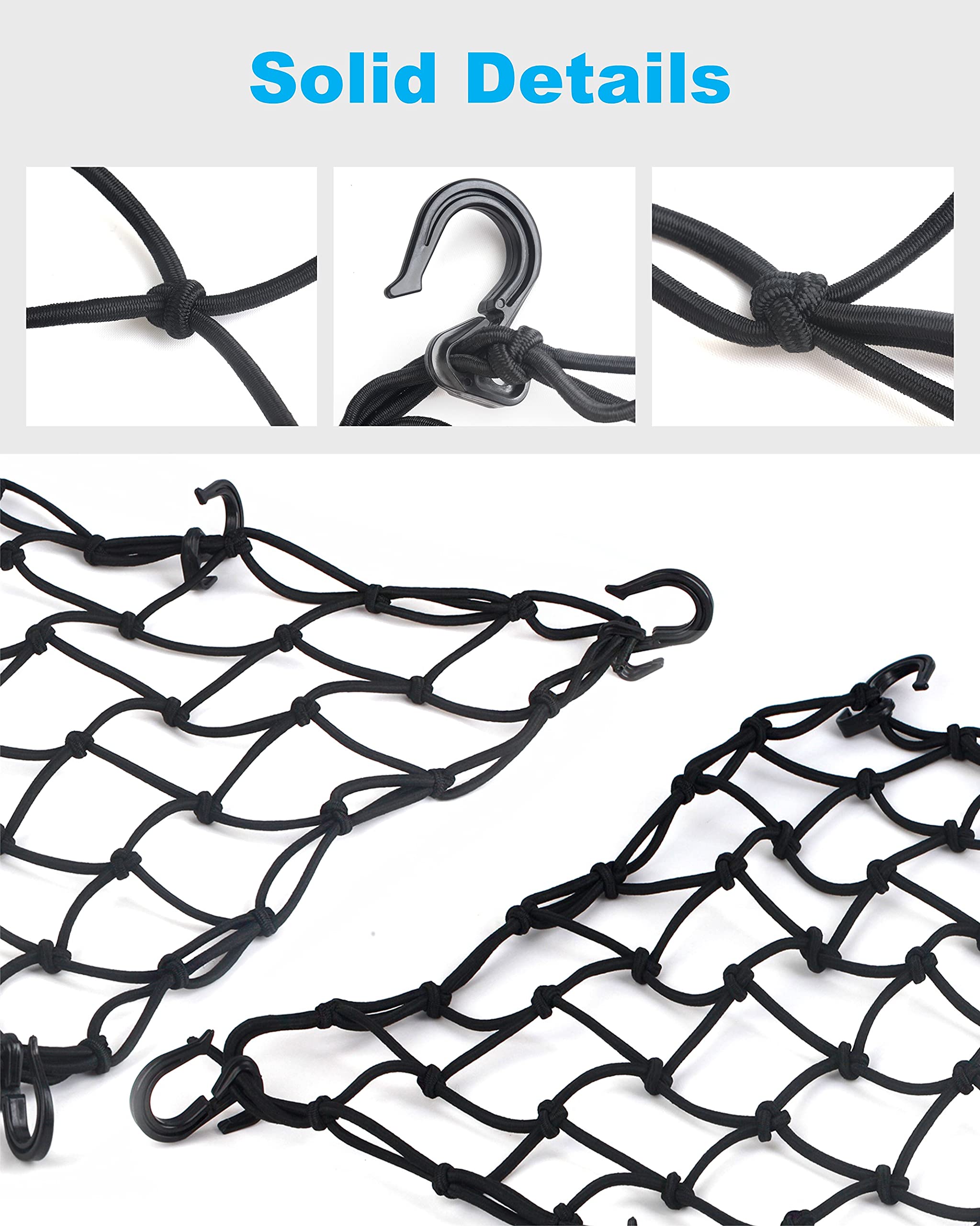 15.7''X15.7'' Cargo Net, Heavy Duty Bungee Net Stretches To 31.5''X31.5'', Gear Helmet Luggage Thicken Netting With 3''X3'' Smal