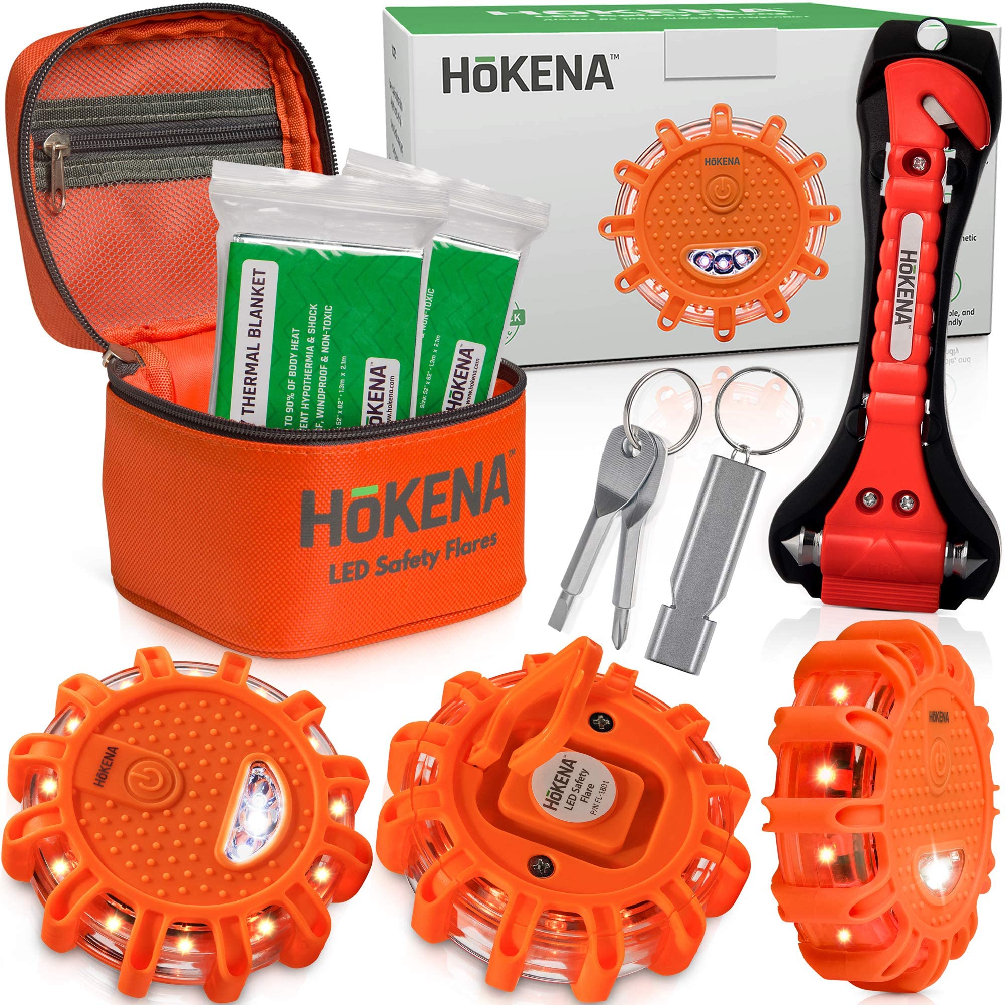 Hokena Led Road Flares 9 Piece Set, Emergency Lights Complete Car Safety Kit, Roadside Warning Flare Beacon Disc For Vehicle & Boat With Magnetic Base, With Batteries, Seatbelt Cutter & Window Breaker