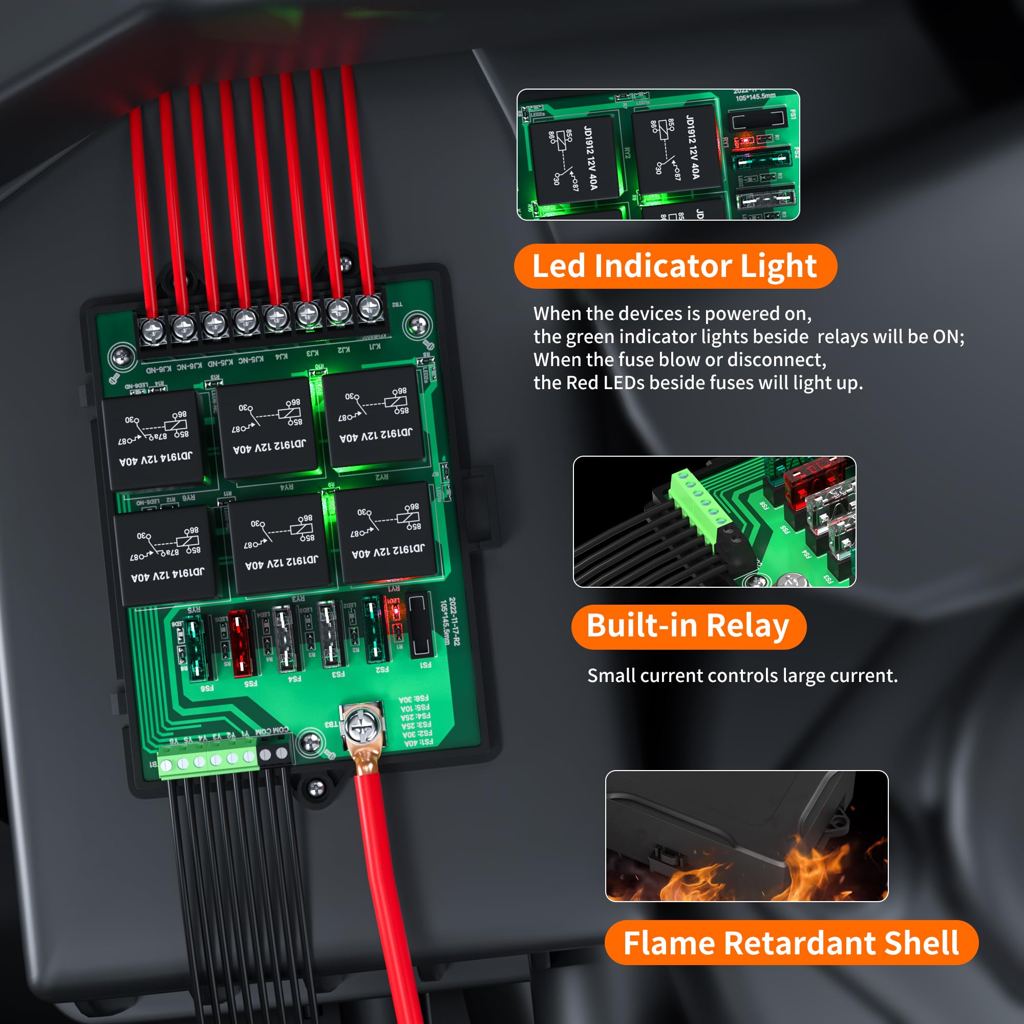 Joinfworld 12V Automotive Relay Fuse Box with 6 Relays, 14 ATC Fuses, Waterproof, LED Light - Model RB-R6F6-3, Upgraded Version