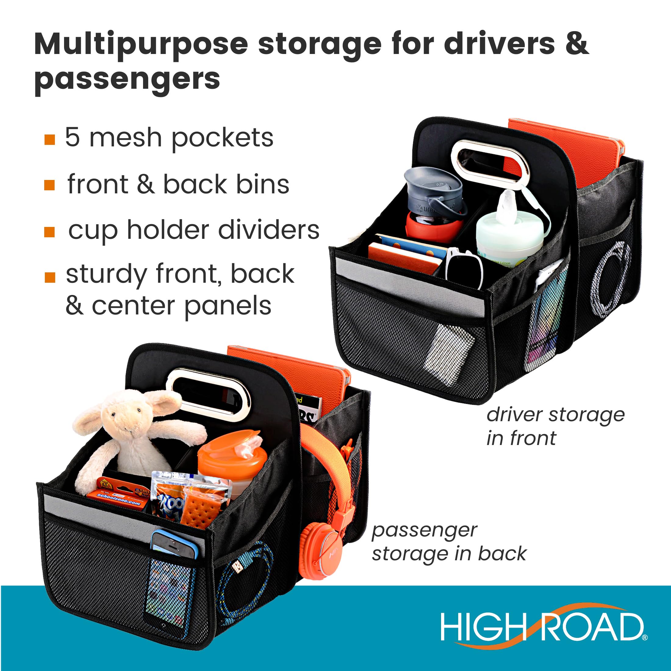 High Road Car Caddy - Portable Front/Back Seat Organizer with Cup Holders, Black, 600D Oxford Polyester, Model 8542112900