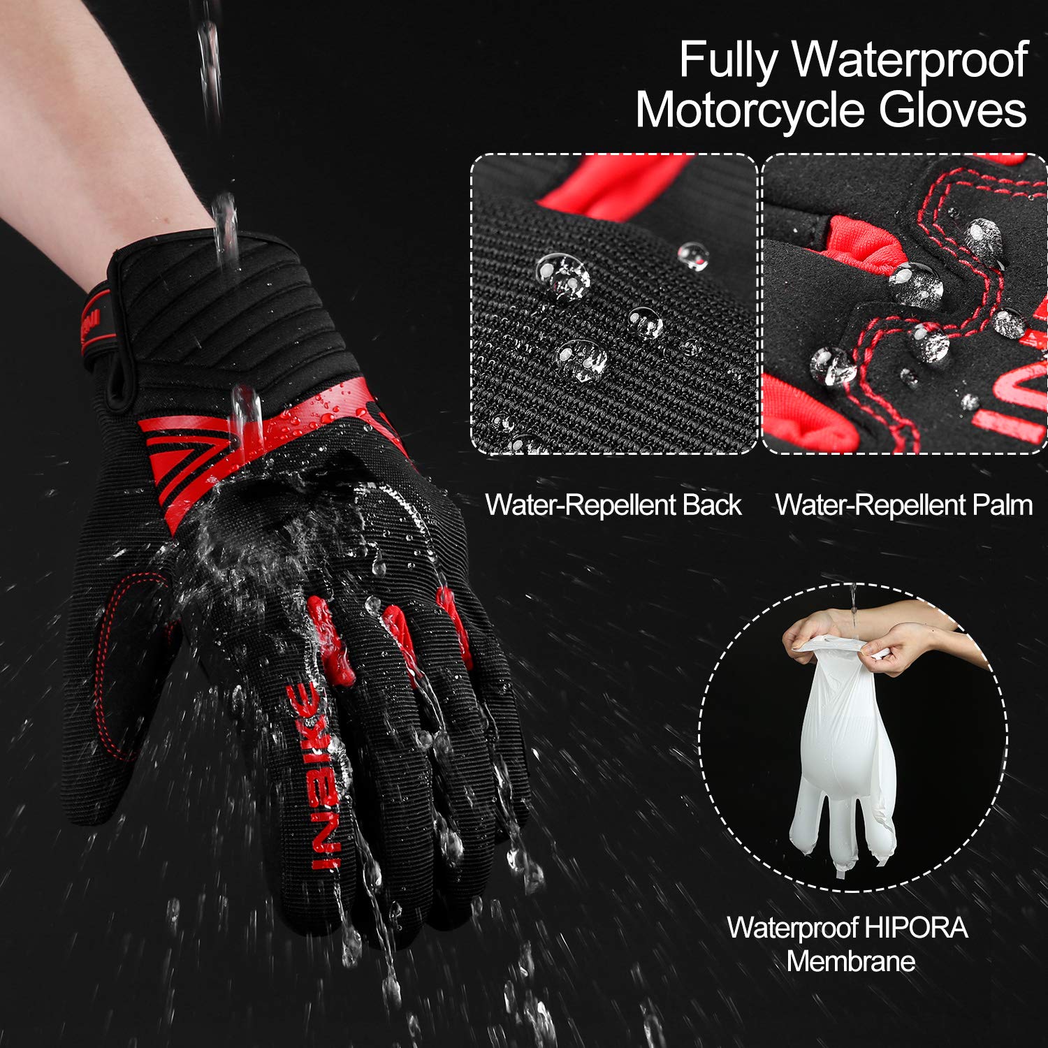 Inbike Waterproof Winter Motorcycle Gloves Thermal Fleece Touchscreen With Tpr Palm Pad Cushioning Hard Knuckle Red Small