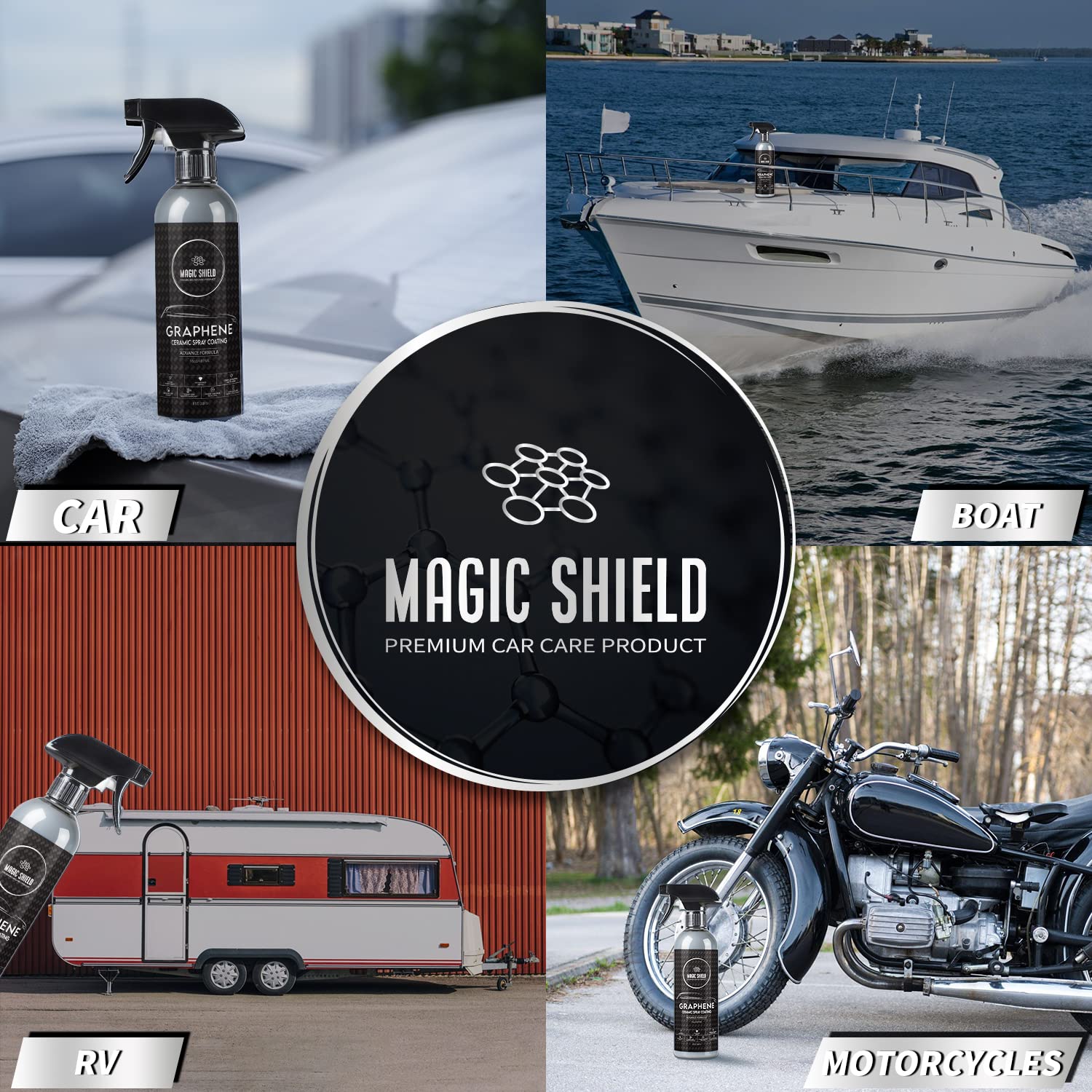 Magic Shield Graphene Ceramic Spray Coating - Professional Sealant for Cars, 9oz - Quick & Easy, Maximum Gloss & Shine