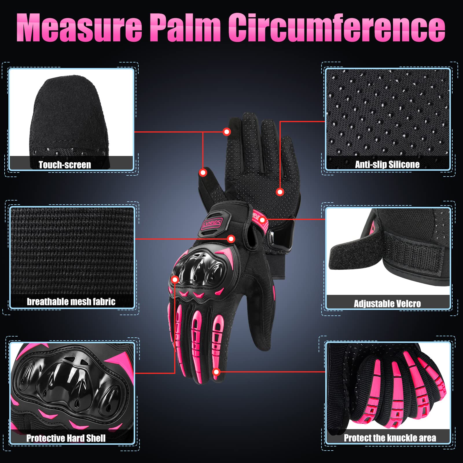 Lvnrids Motorcycle Gloves With Touchscreen Men And Women Racing Gloves For Motocross Bmx Atv Mtb Riding Cycling Pink L
