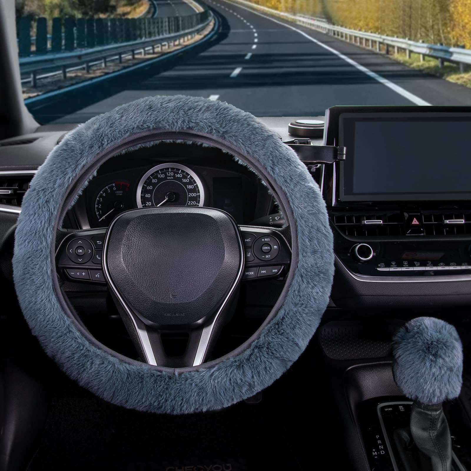 Seg Direct Furry Car Steering Wheel Cover With Fluffy Gear Shift Cover Soft Warm Non-Slip Car Decoration For Men Women Girls 2 P