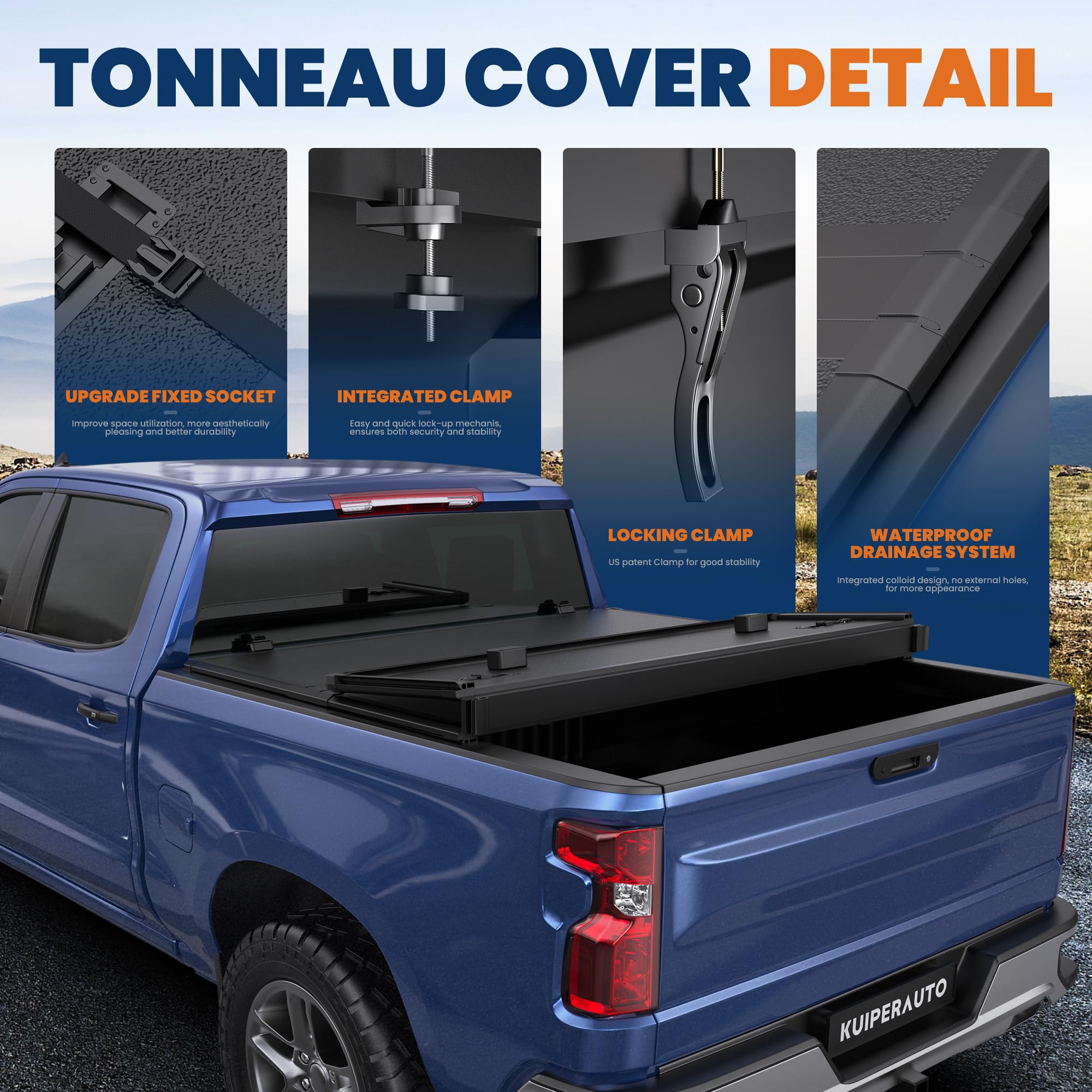KUIPERAUTO Fiberglass Tri Hard Tonneau Cover Truck Bed Compatible for 2007-2013 Chevrolet Silverado GMC Sierra 1500 (Excl. 07 Cl