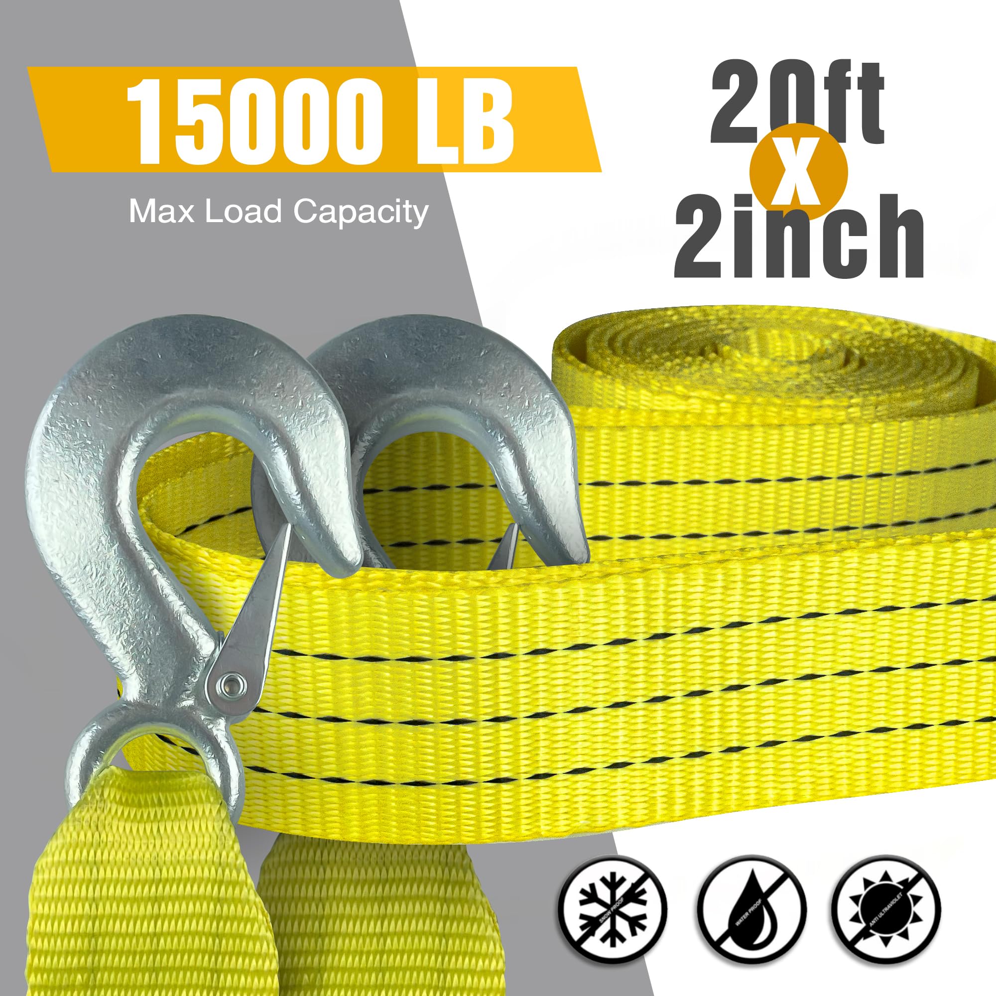 Digank Tow Strap with Hooks 2   x20 15,000 LBS, Tow Rope Metal Safety Hooks, Car Heavy Duty Recovery Rope for Trailers, Securing