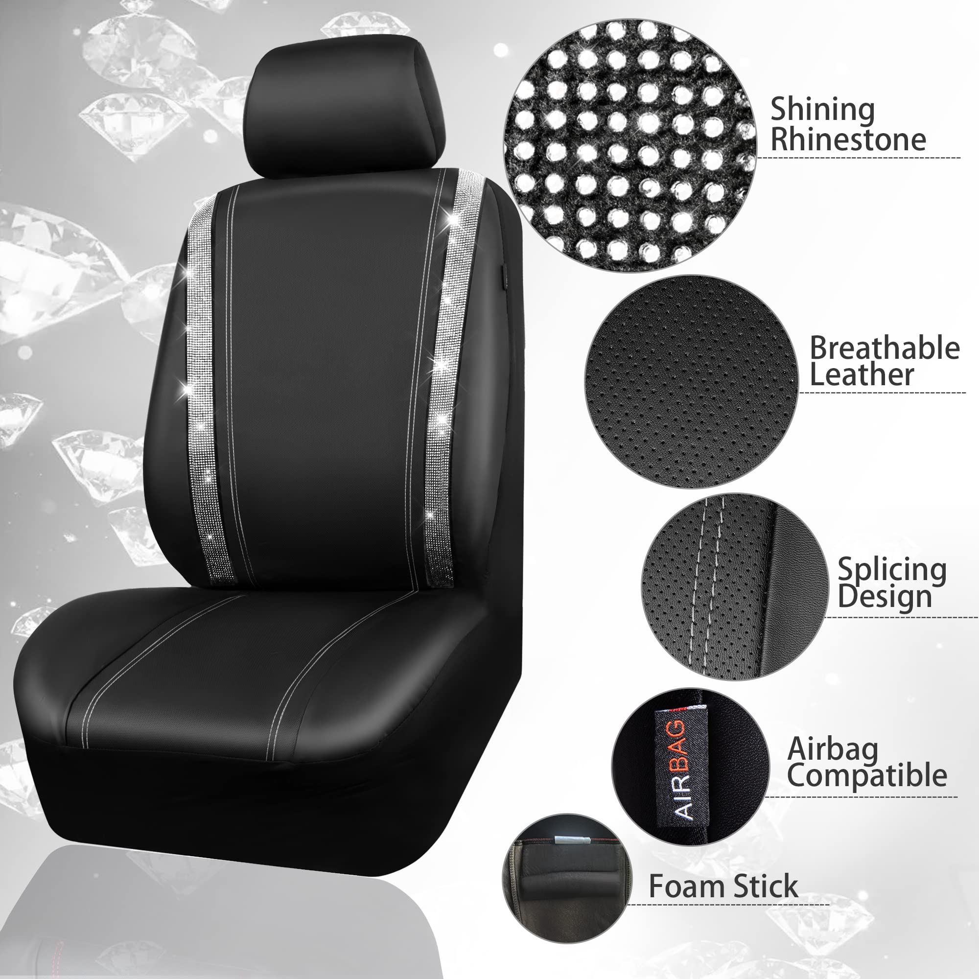 Car Pass Diamond Bling Leather Seat Covers Set - 12 Pcs Glitter Rhinestone Steering Wheel And Car Interior Accessory Set For Wom