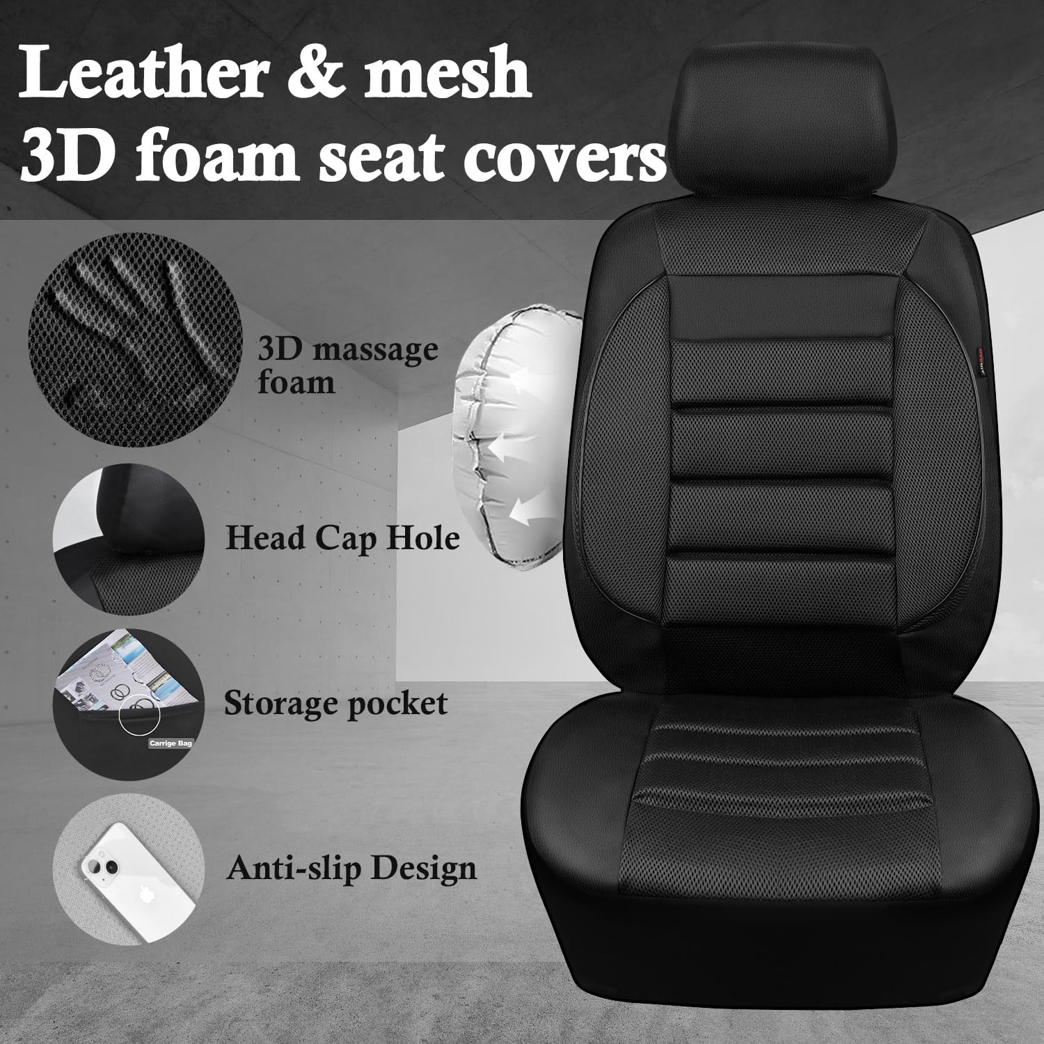 Car Pass 3D Foam Leather Car Seat Covers Two Front Seats Only, Air Cool Mesh Thick Seat Covers, All Weather Car Seat Cover Comfo
