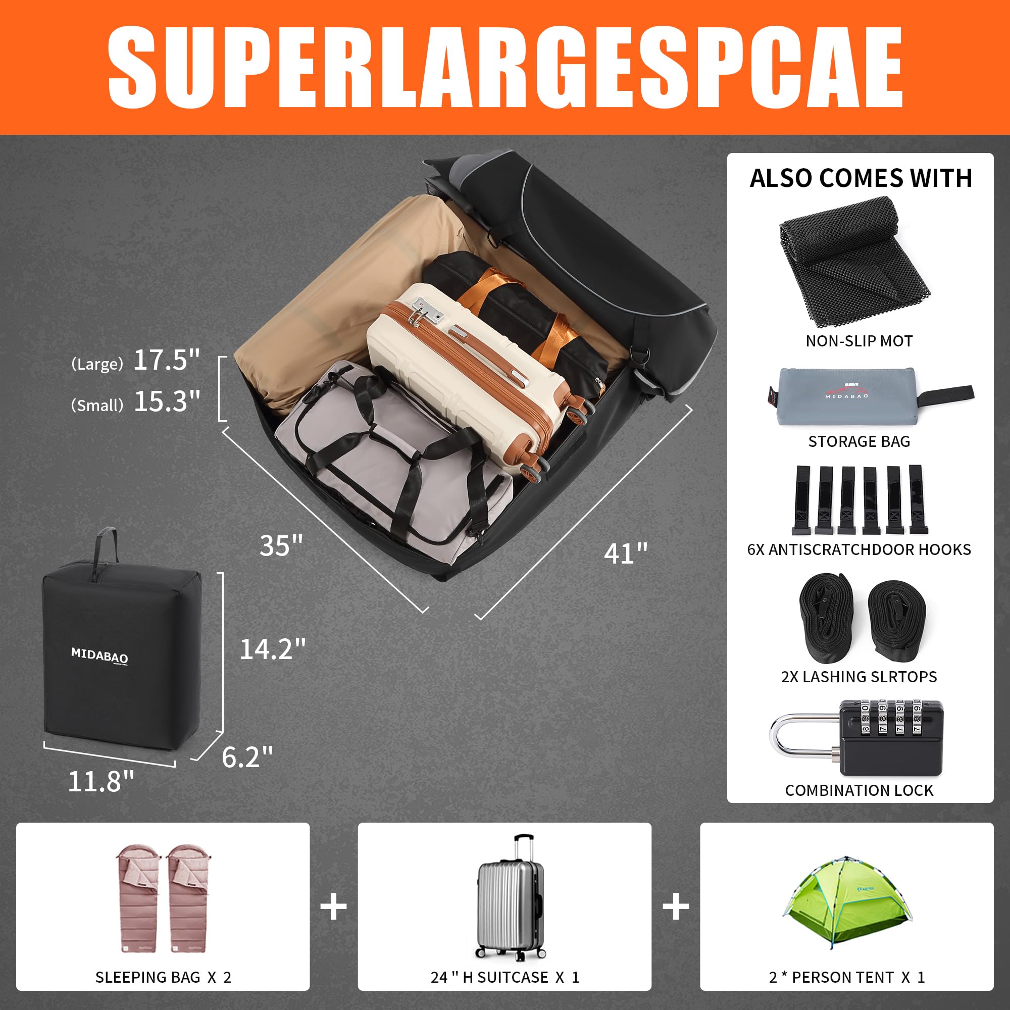 MIDABAO Waterproof Car Roof Top Carrier Bag, 12 Cubic Feet, Black, PVC Material, Includes Anti-Slip Mat, Model M-02