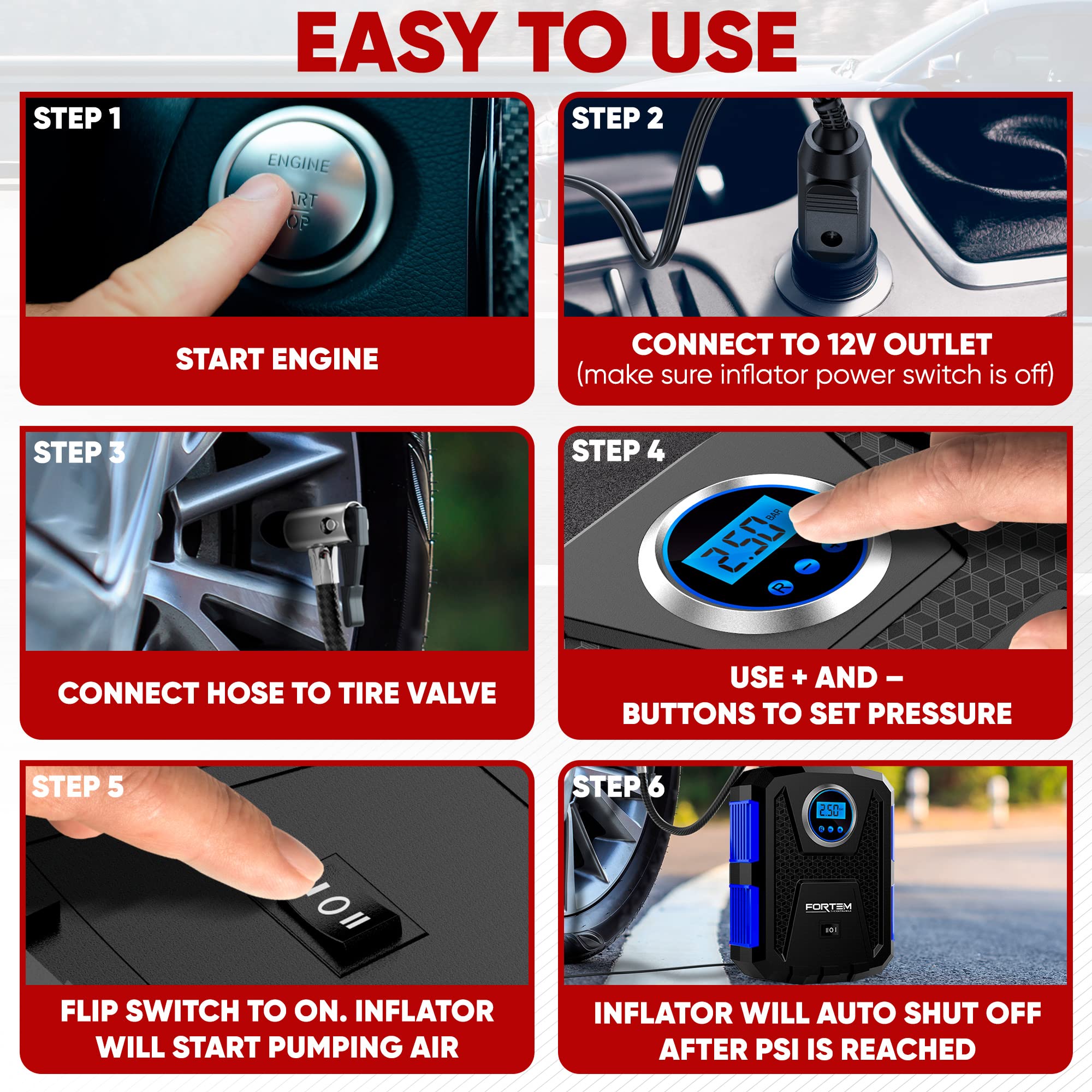 FORTEM Portable Tire Inflator, 150 PSI 12V Air Compressor for Car & Bike, Blue, Model FRTM-DAC, with LED Light & Digital Pressure Gauge