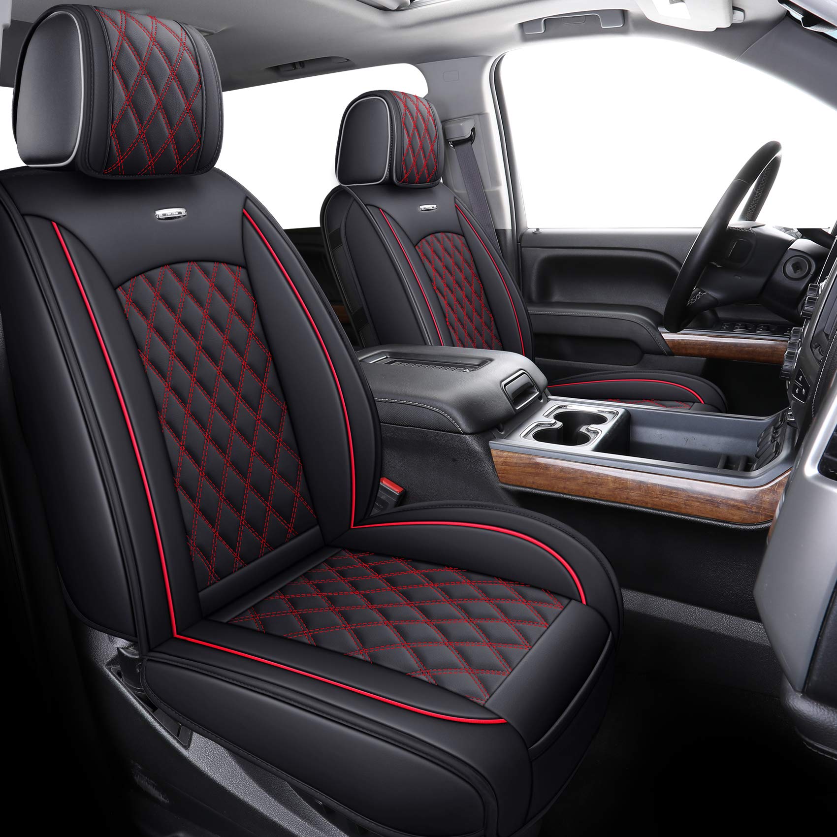 Aierxuan Front Seat Covers for Chevy Silverado/GMC Sierra (2007-2024) - Custom Fit, Waterproof Faux Leather, 2 PCS, Black-Red