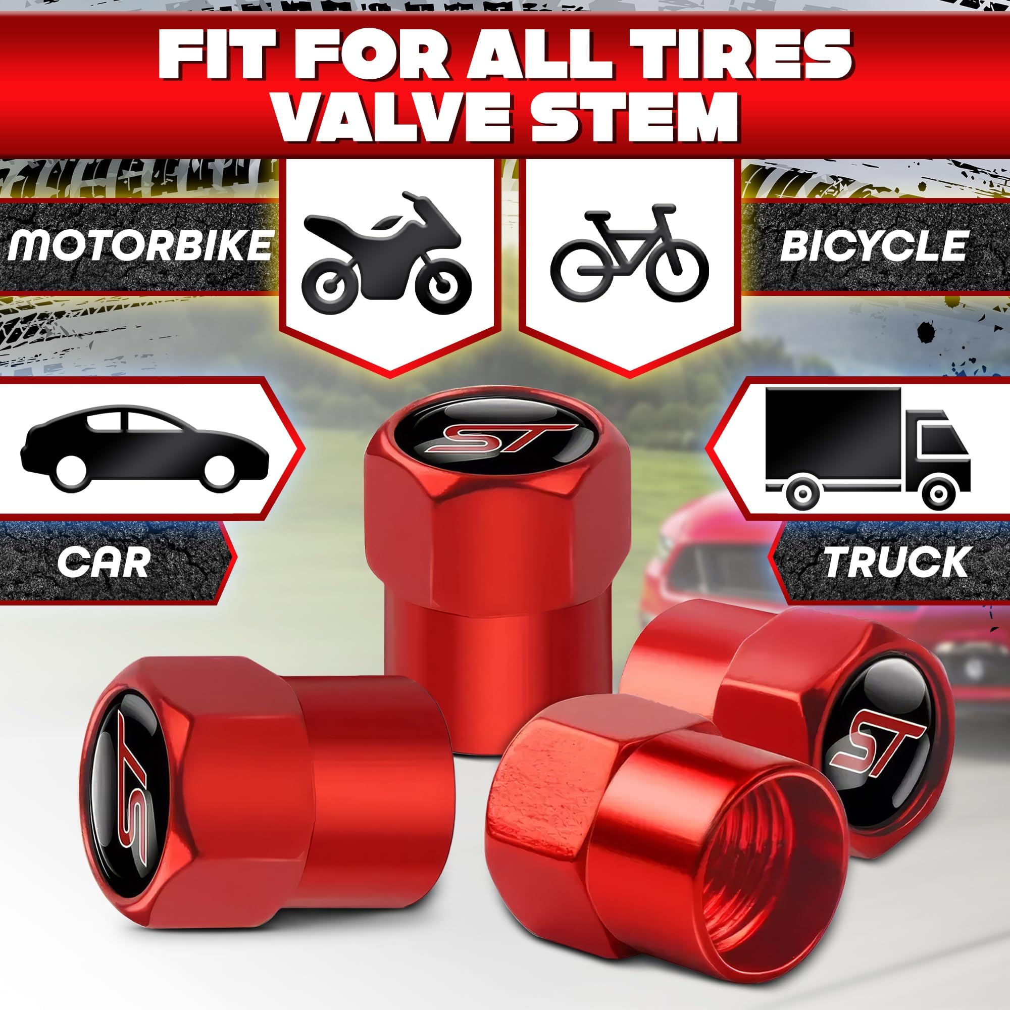 Reluen Metal Tire Valve Stem Caps - 4Pcs Red O-Rings, Fits Ford ST Models, Corrosion-Resistant, Universal Fit for Cars & Motorcycles