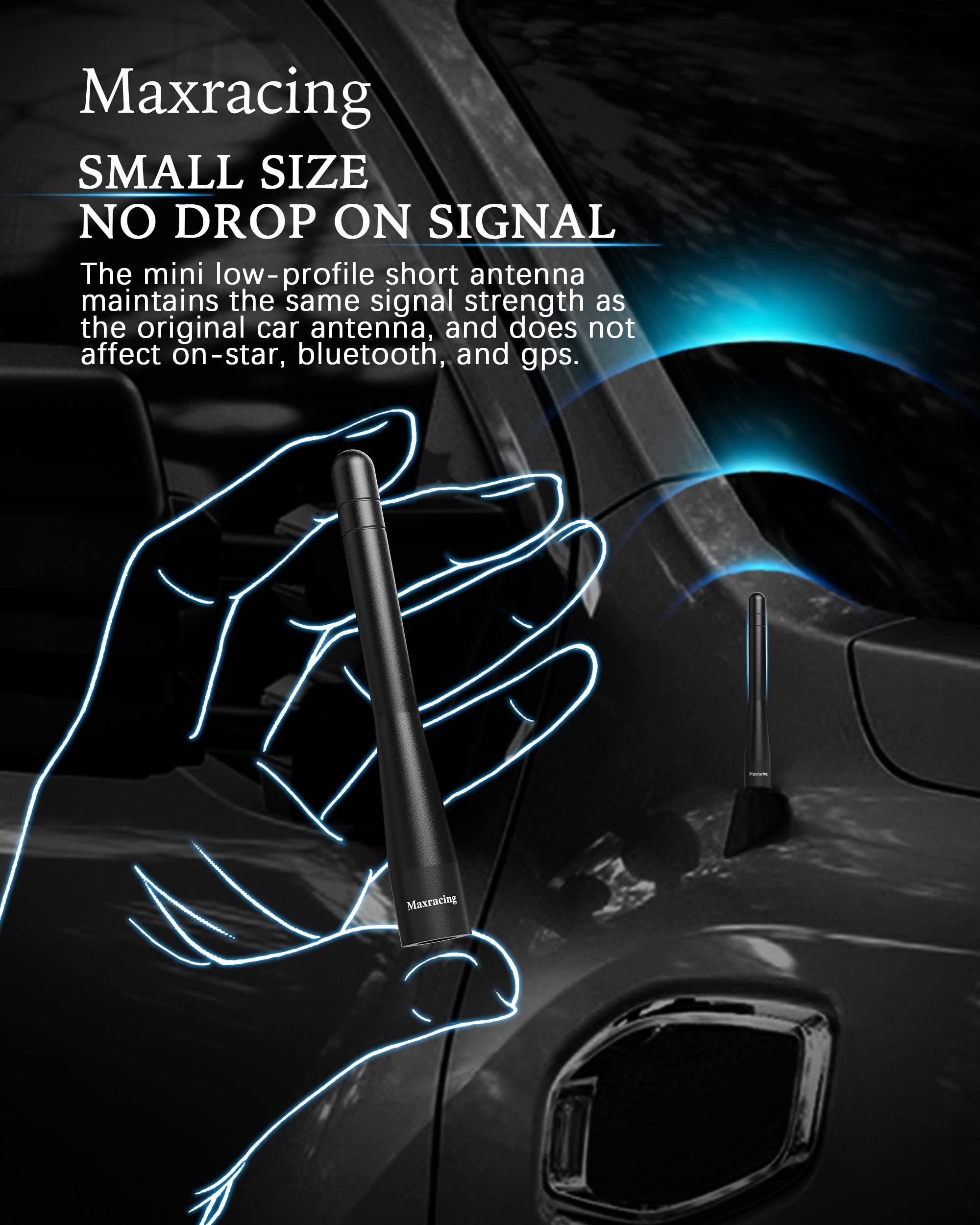 MAXRACING Short Aluminum Antenna for 2007-2023 Chevy Silverado - Black, M7 Thread Compatibility