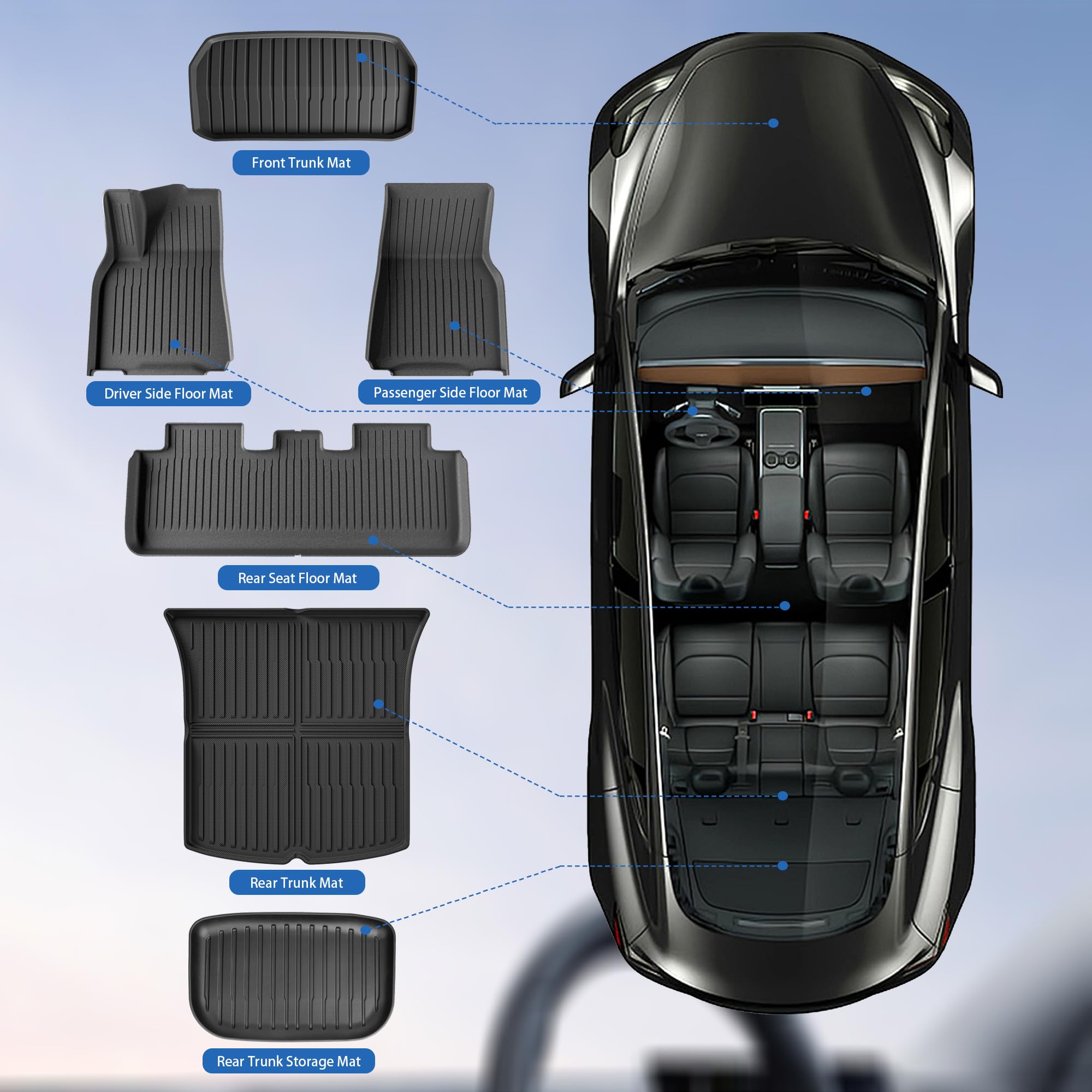Autocessking Floor Mats For Tesla Model Y 2021-2024, Set Of 6 Mats All Weather Tpe Waterproof Anti-Slip Front & Rear Trunk Mats