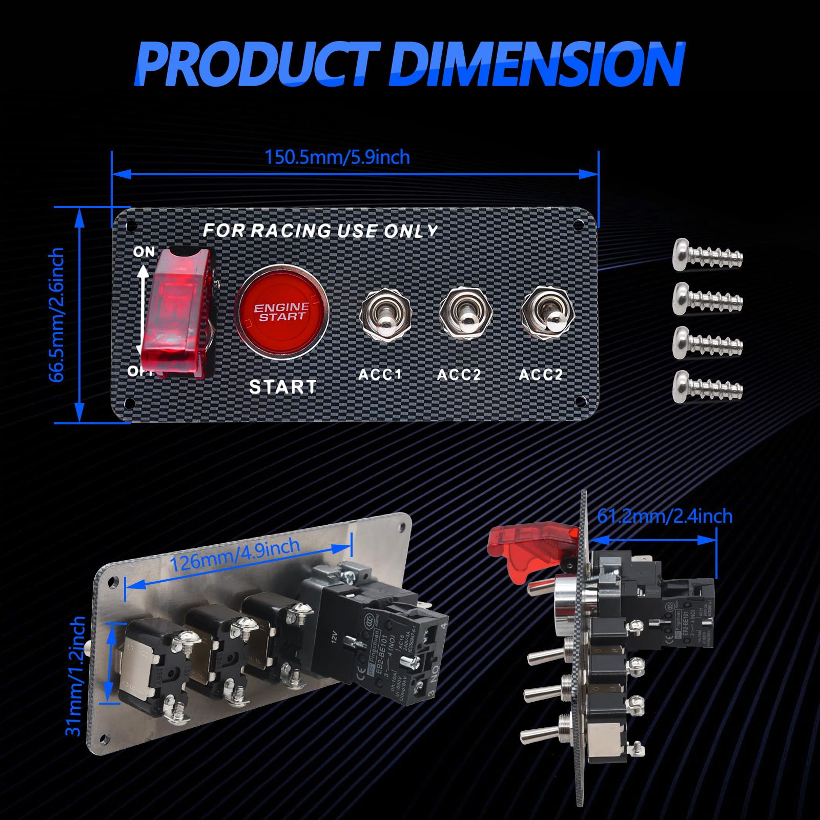 Geloo 12V Ignition Switch Panel - 5 Gang Carbon Fiber LED Toggle Switches for Race Car, Truck, RV - Model: switch_32960674230