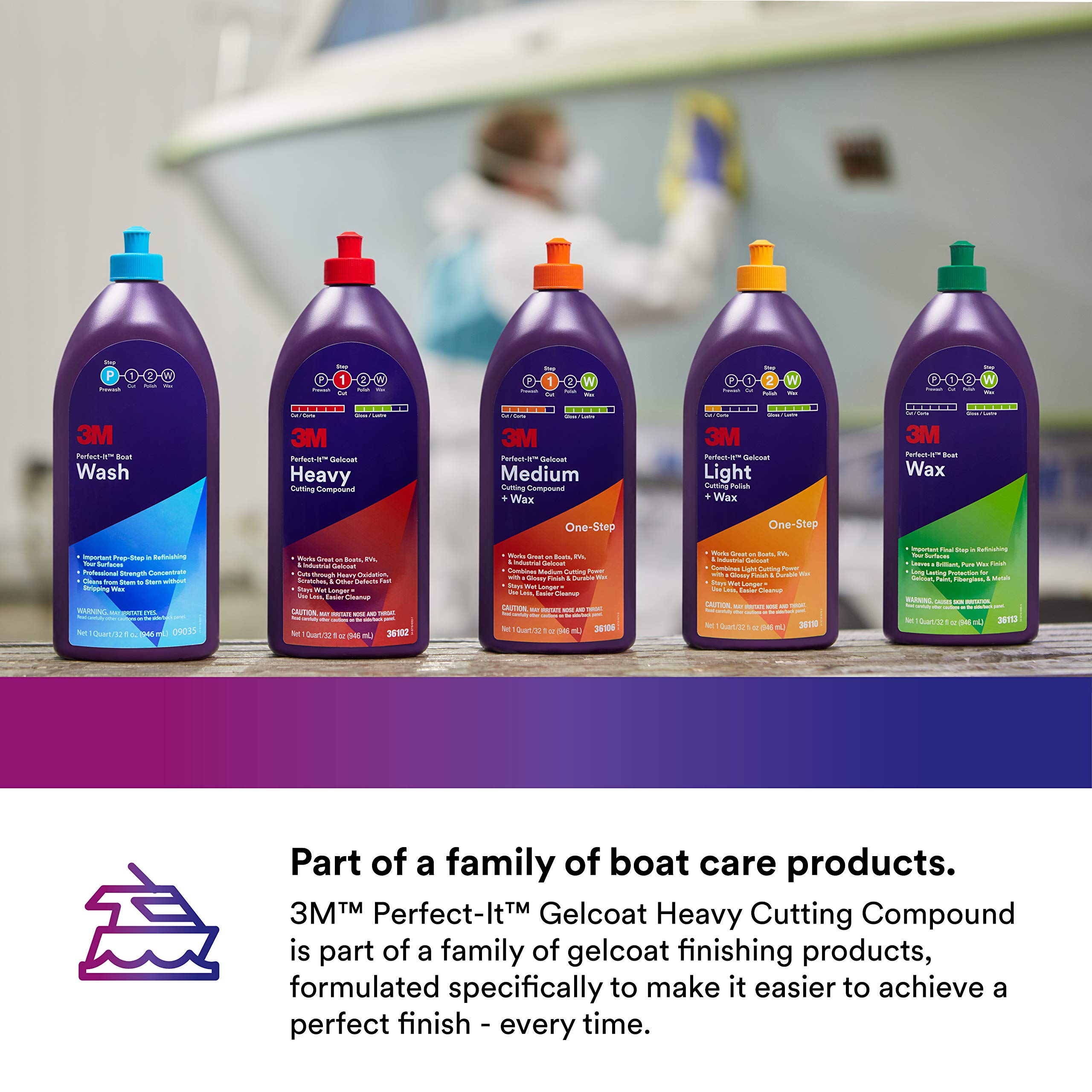 3M Perfect-It Gelcoat Heavy Cutting Compound, 36102, 1 Quart, Fiberglass Oxidation Remover For Boats And Rvs