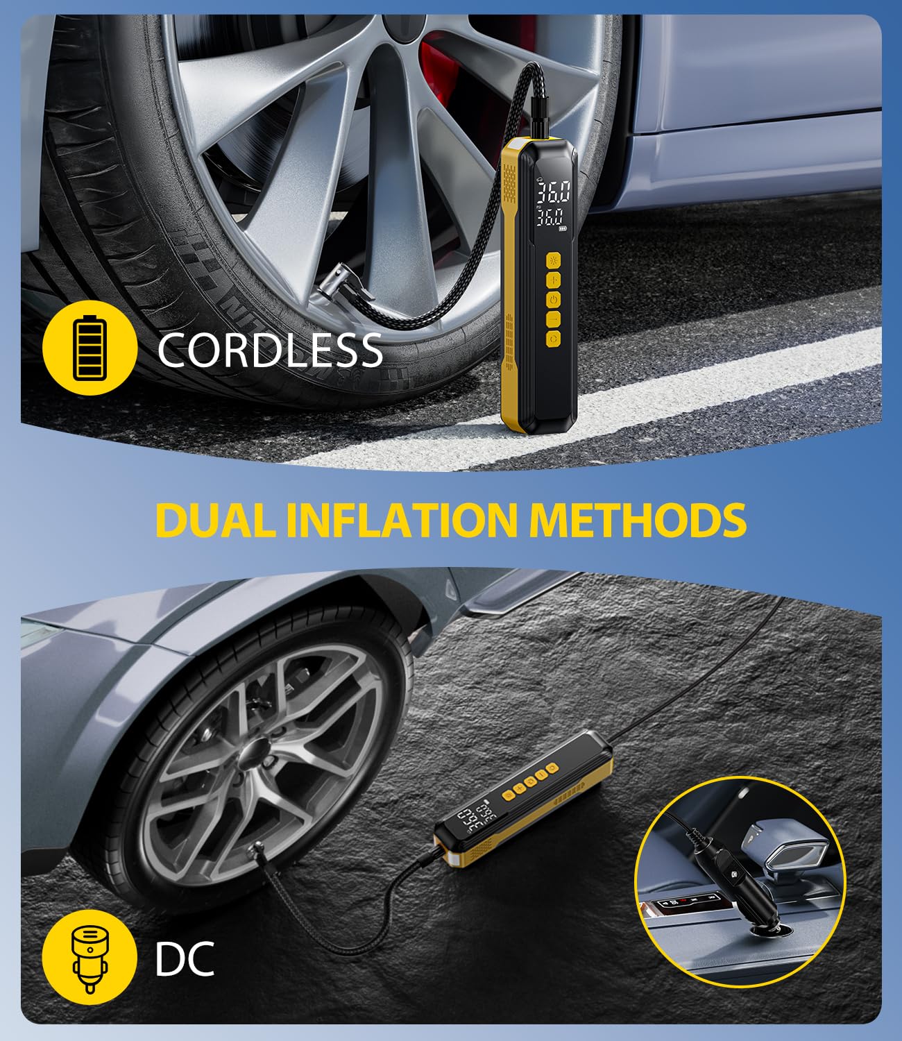 Tire Inflator Portable Air Compressor - 5X Faster 10000Mah Cordless Air Pump For Car Tires, Electric Bike Tire Pump With Digital