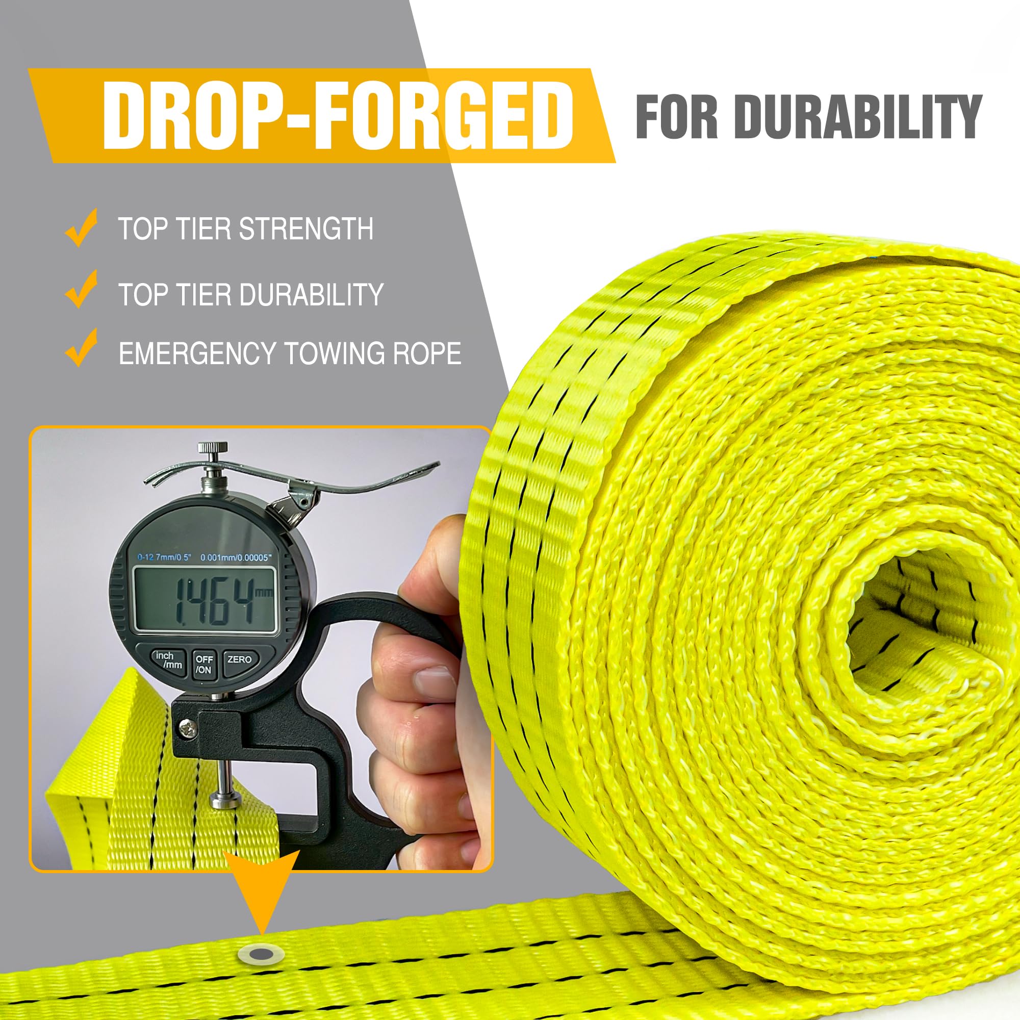 Digank Tow Strap with Hooks 2   x20 15,000 LBS, Tow Rope Metal Safety Hooks, Car Heavy Duty Recovery Rope for Trailers, Securing