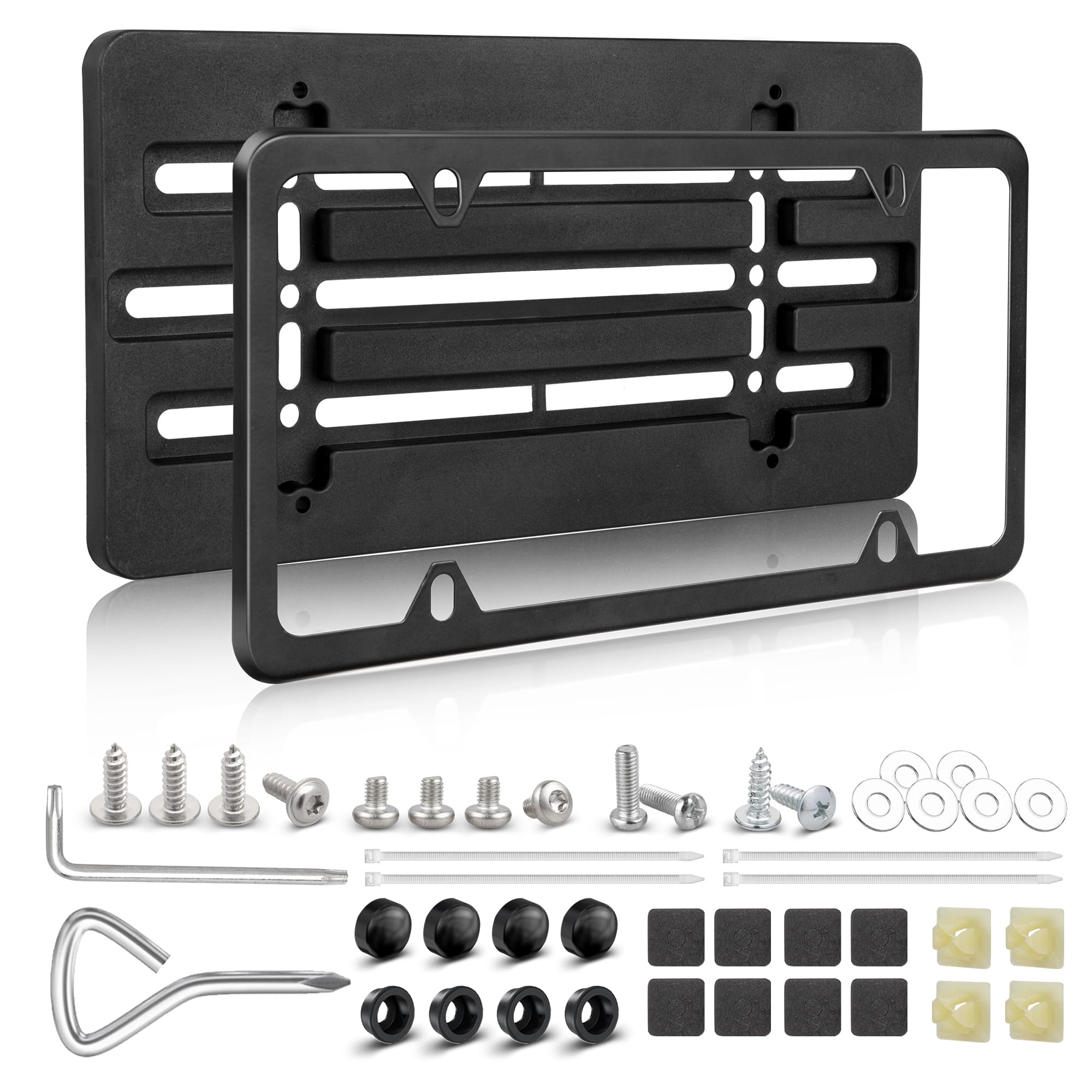 Red Wolf License Plate Bracket Holder W/License Plate Frame Universal Fit Vehicles Truck Mount Front Bumper Car Tag Lock Screws Caps Nuts Wrench Kit Black