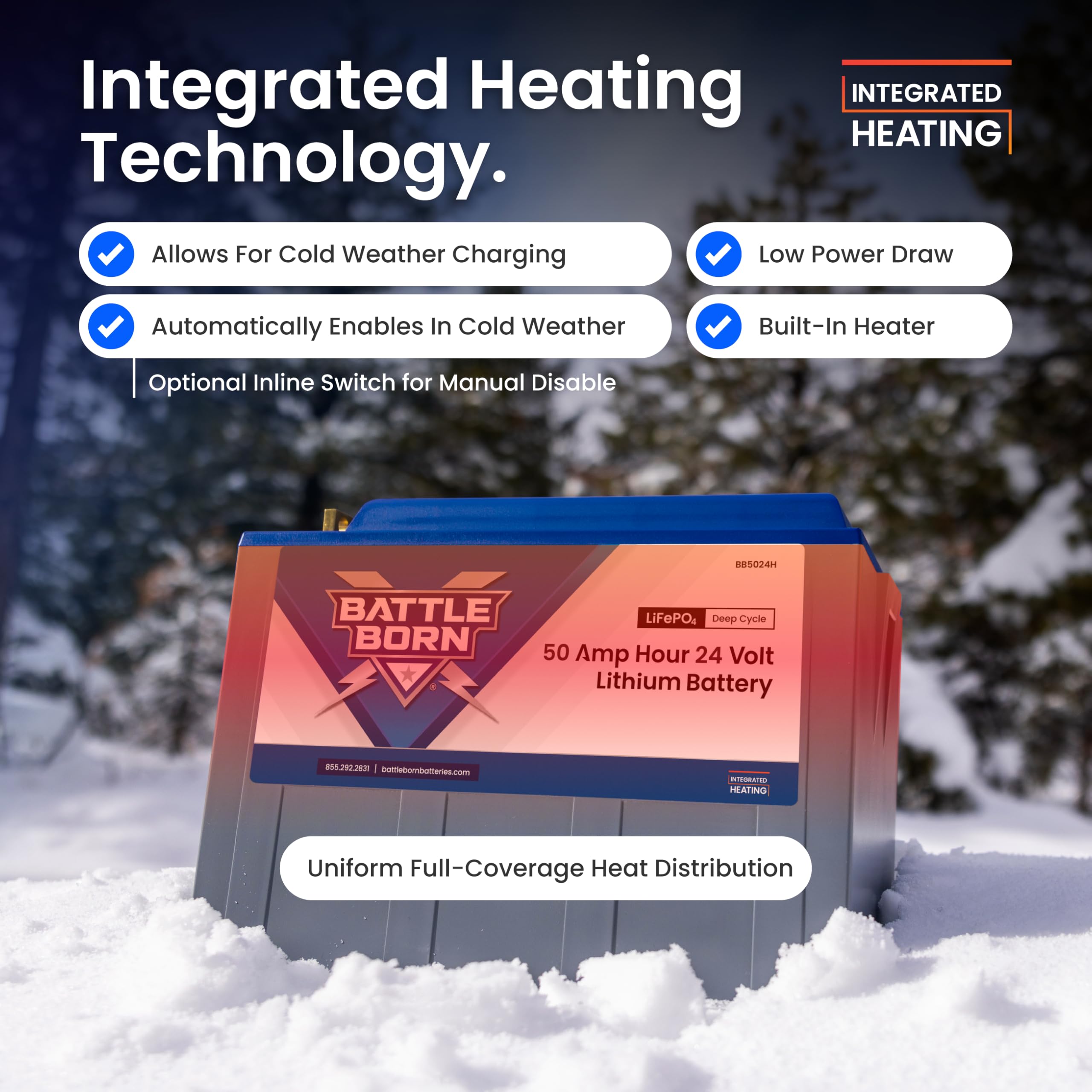 Battle Born Batteries 50Ah 24V Heated Lithium-Ion RV & Marine Battery - Integrated Heating, Internal BMS, High/Low Temp Protection