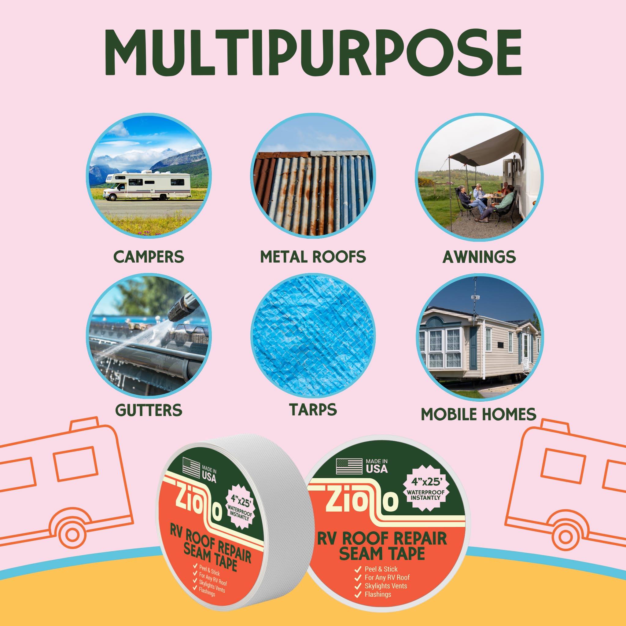 Ziollo RV Roof Repair Seam Tape - 4" x 25' Waterproof Tape for Campers, Motorhomes, Trailers - White, Works on EPDM, TPO, Metal, Fiberglass