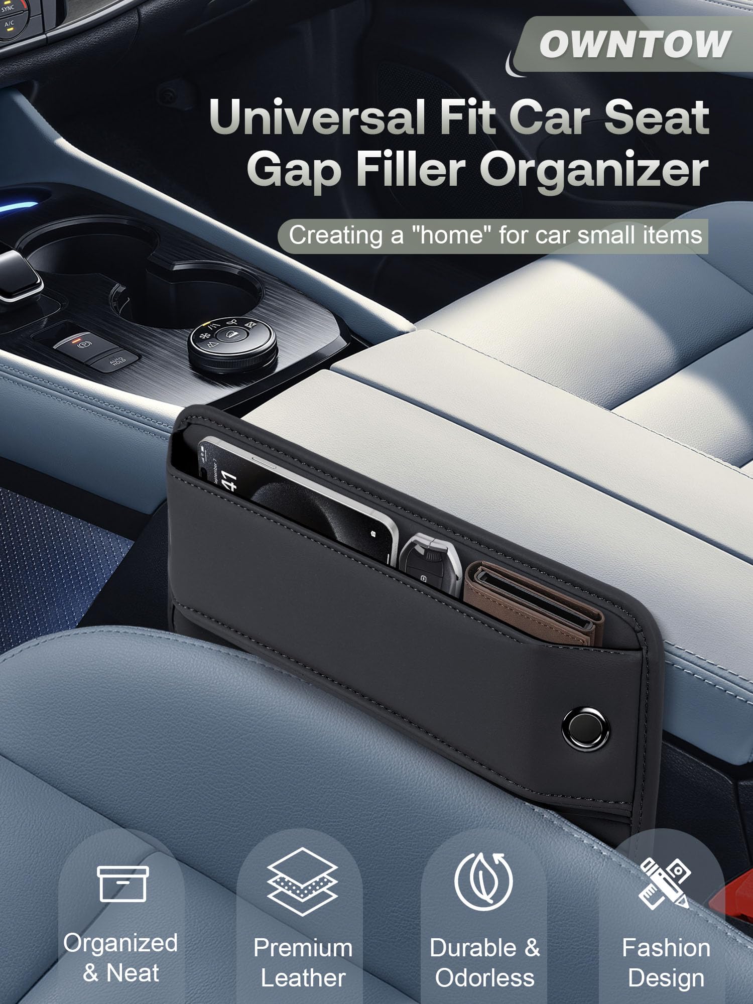 Owntow Universal Fit Car Gap Filler Organizer, Premium Leather, Black, 2 Pack, Model XN001