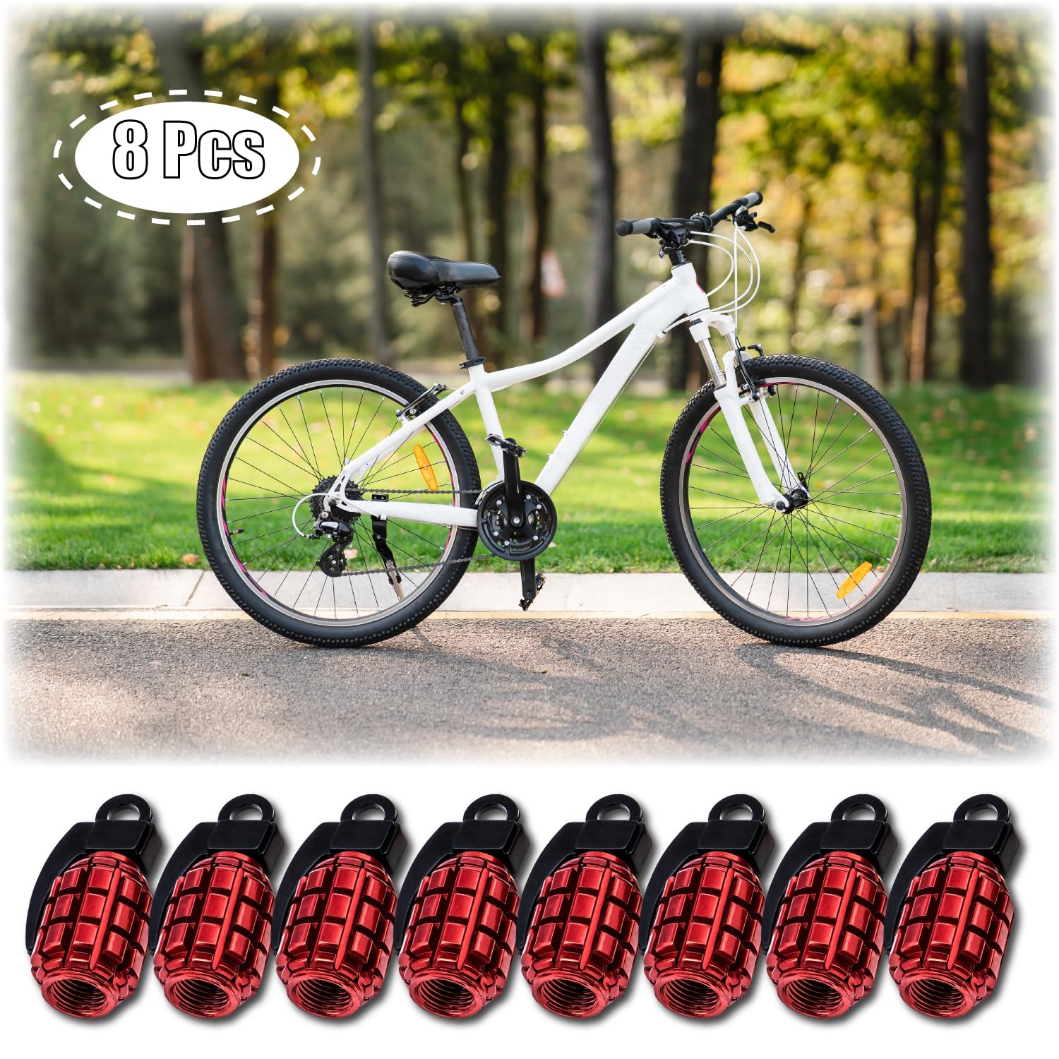 MEAJOO Tire Valve Stem Caps, 8PCS Stainless Steel Wheel Caps, Red for Cars, Trucks, SUVs, Motorcycles, Bicycles, Model MEAJOO-YXQZM-8