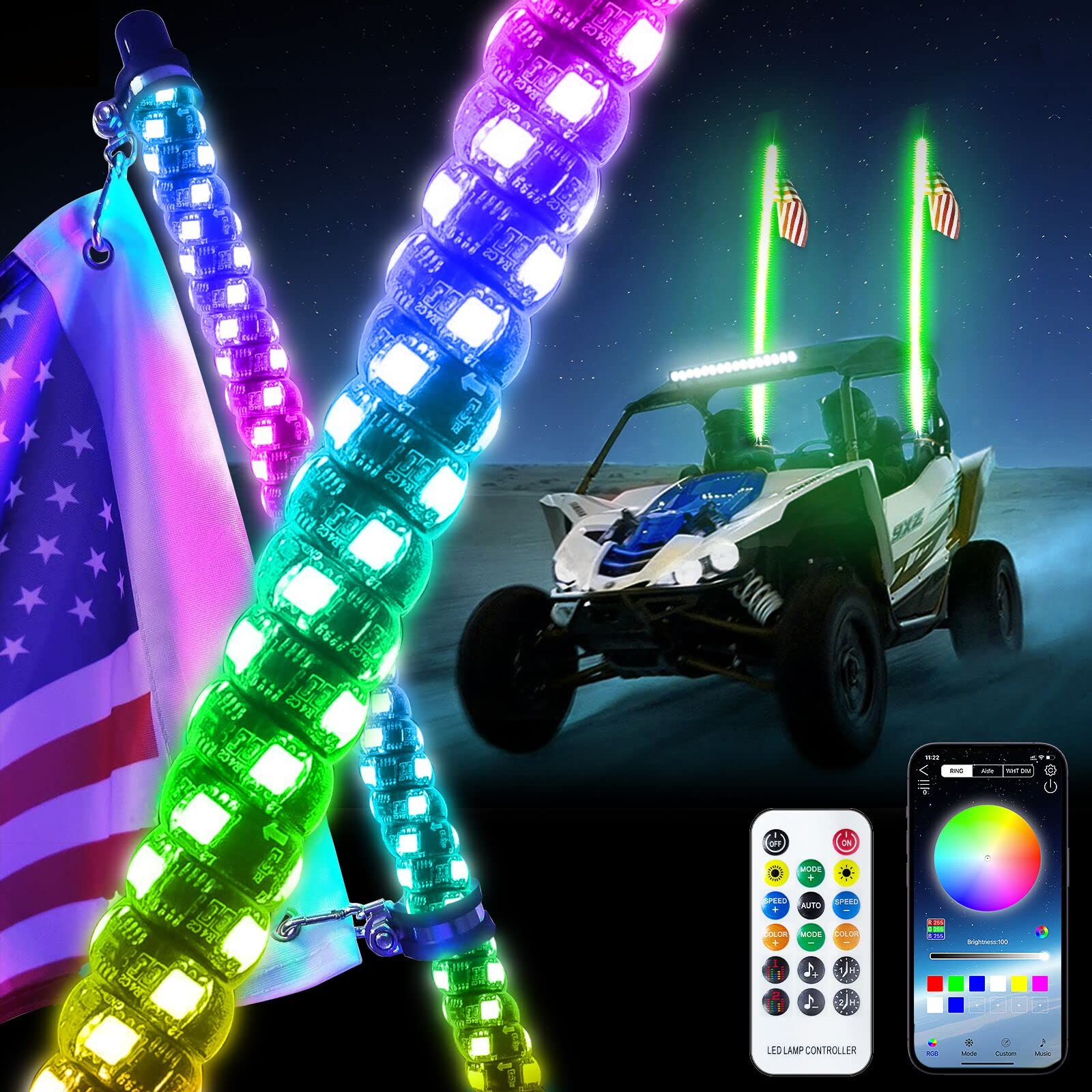 2PCS 3FT LED Whip Lights,RF Wireless Remote,500 Kinds Patterns 600 Kinds of Color Combinations,RGR Chasing Lighted Antenna Whips