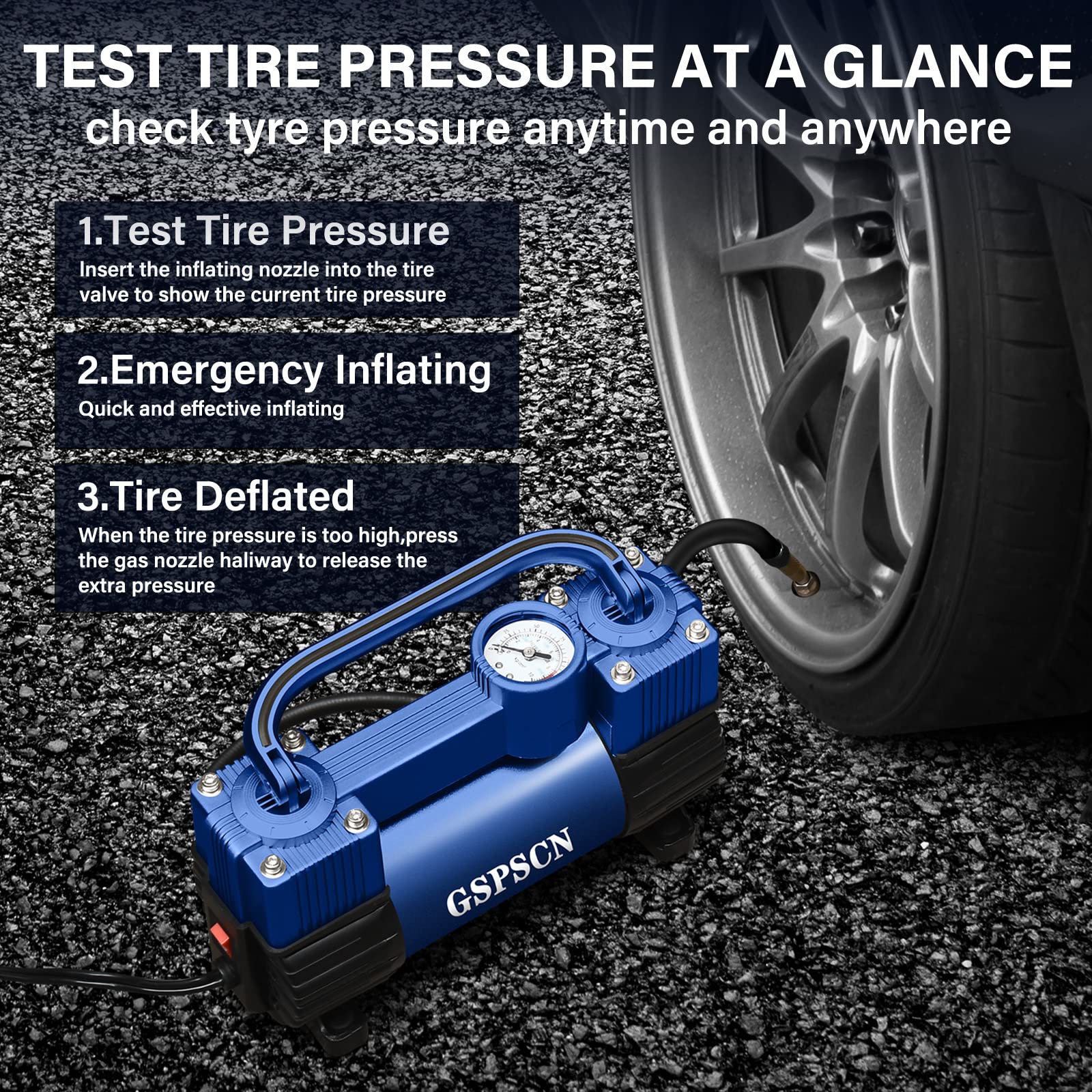 GSPSCN Blue Tire Inflator DC 12V Air Compressor Pump 150PSI, Heavy Duty Double Cylinders with Portable Bag for Cars, Trucks, RVs