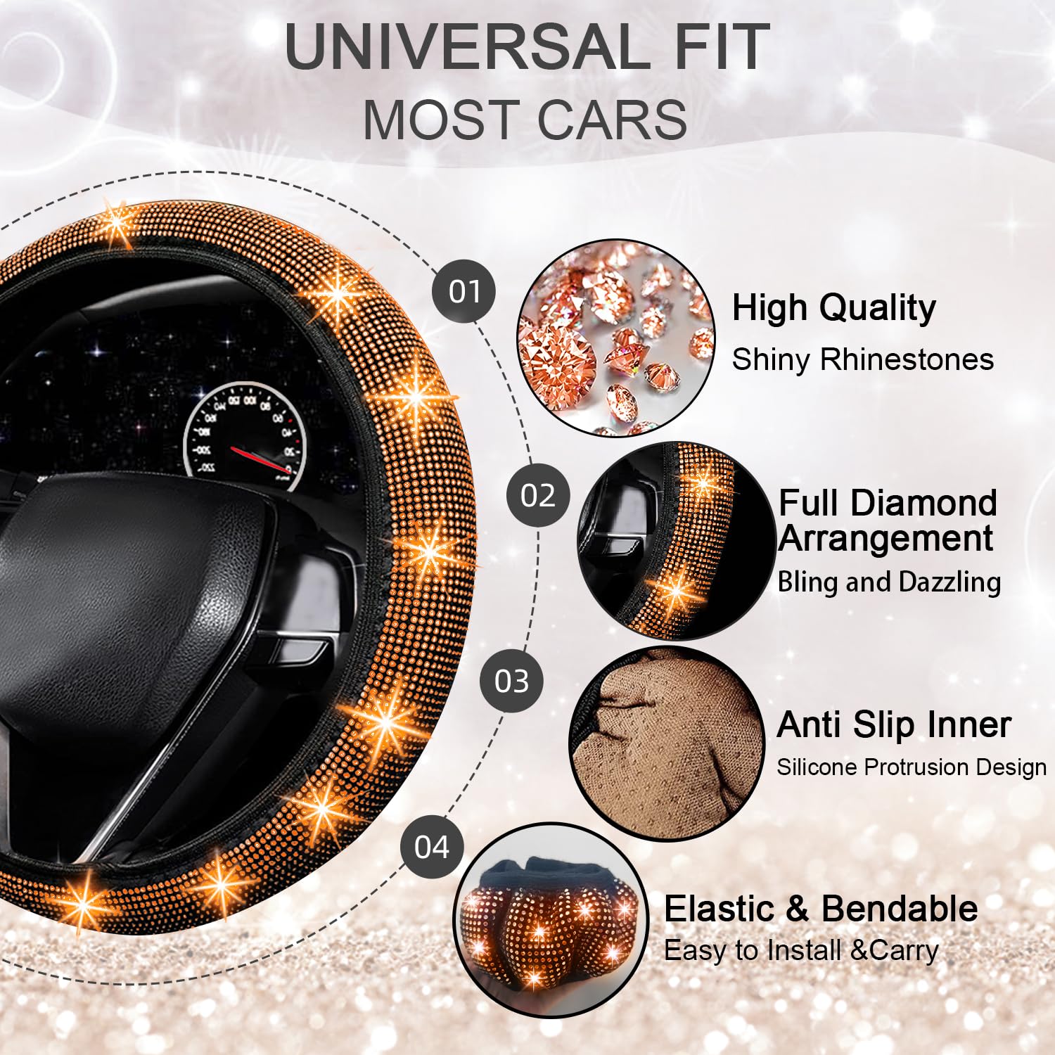 NBTEPEM 27 PCs Orange Bling Car Accessories Set, Universal 15" Steering Wheel Covers, Bling License Plate Frame, Phone Holder, Coasters