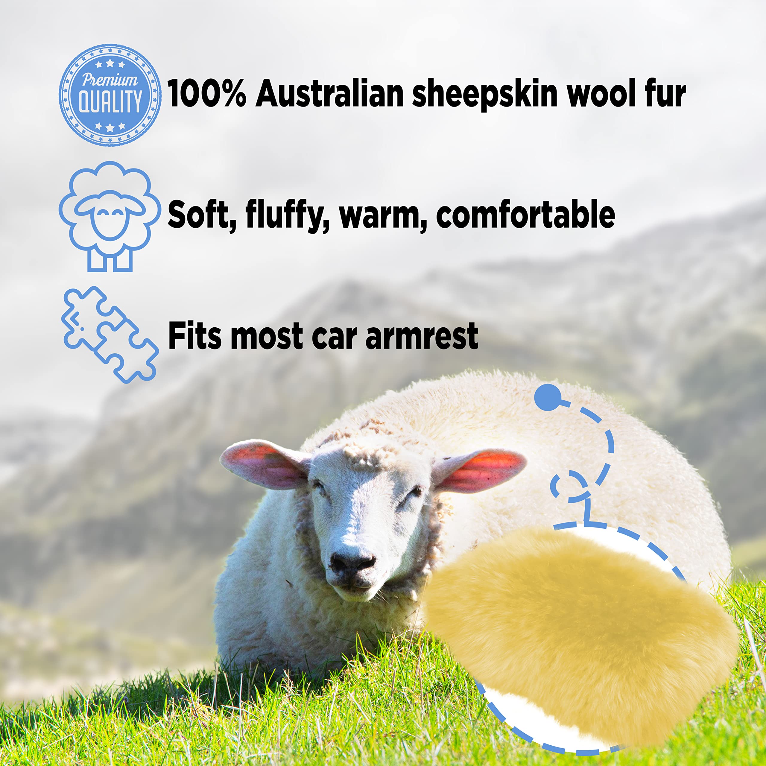 Andalus Brands Pure Australian Sheepskin Fluffy Car Center Console Cover, Luxurious Non-Shedding Furry Arm Rest Cover For Car, V