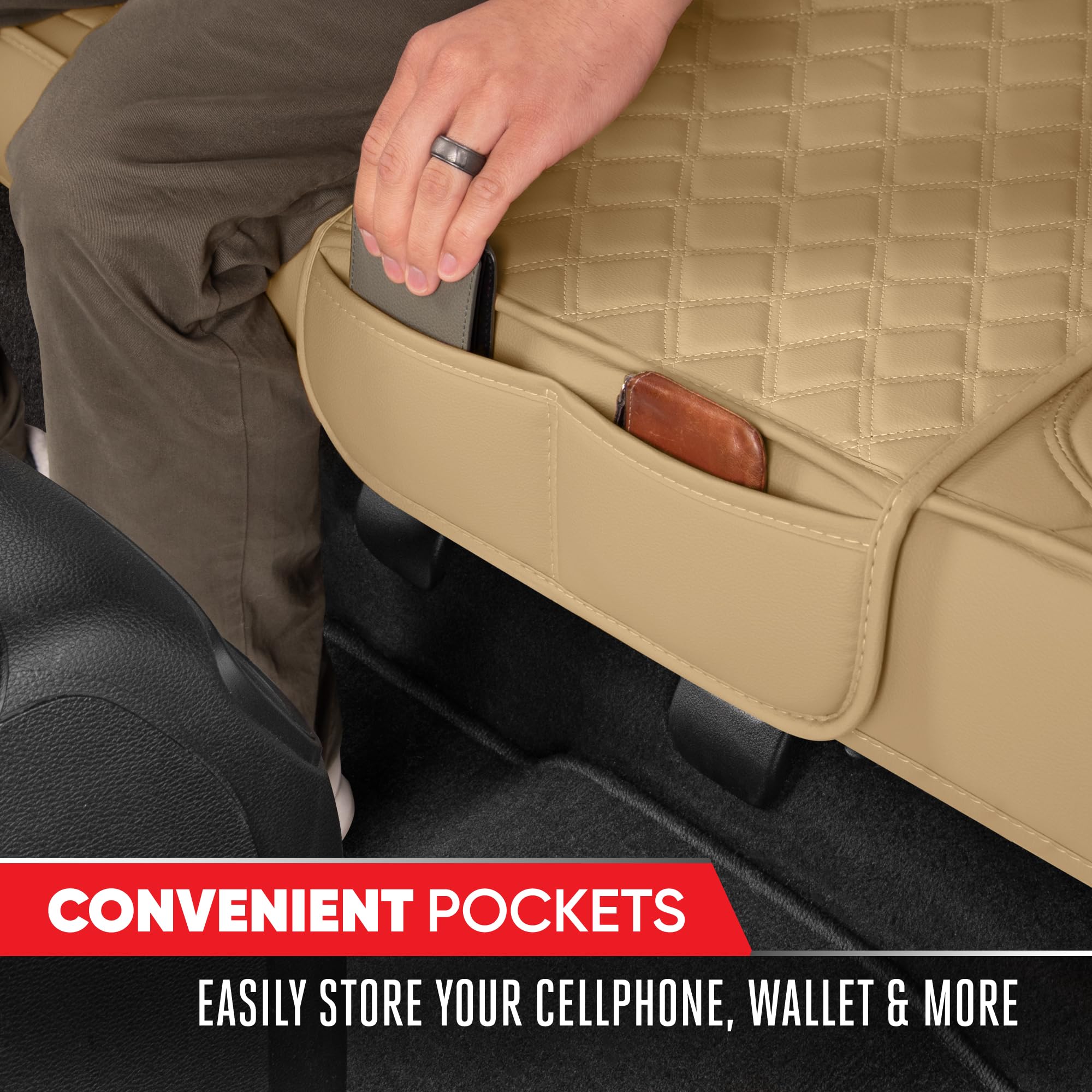 Motor Trend Rear Seat Cushion - Beige Faux Leather Cover, Padded & Waterproof, Model UMA32-MSC56, for Cars, Trucks, SUVs