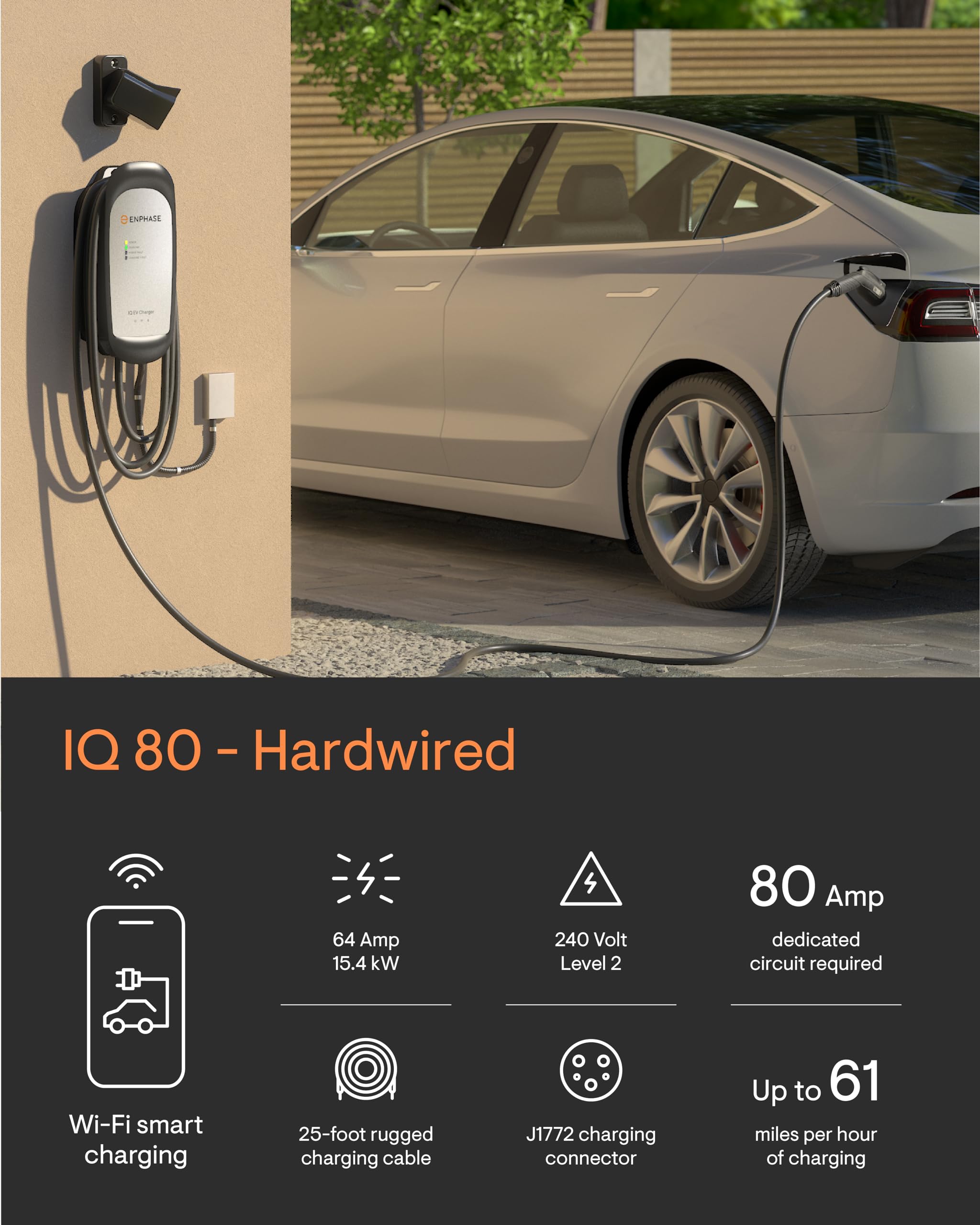 Enphase Energy 64 Amp Smart EV Charger - Hardwired 15.4kW, Wi-Fi Connected, 25ft Cable, Black, Model IQ-EVSE-NA-1080-