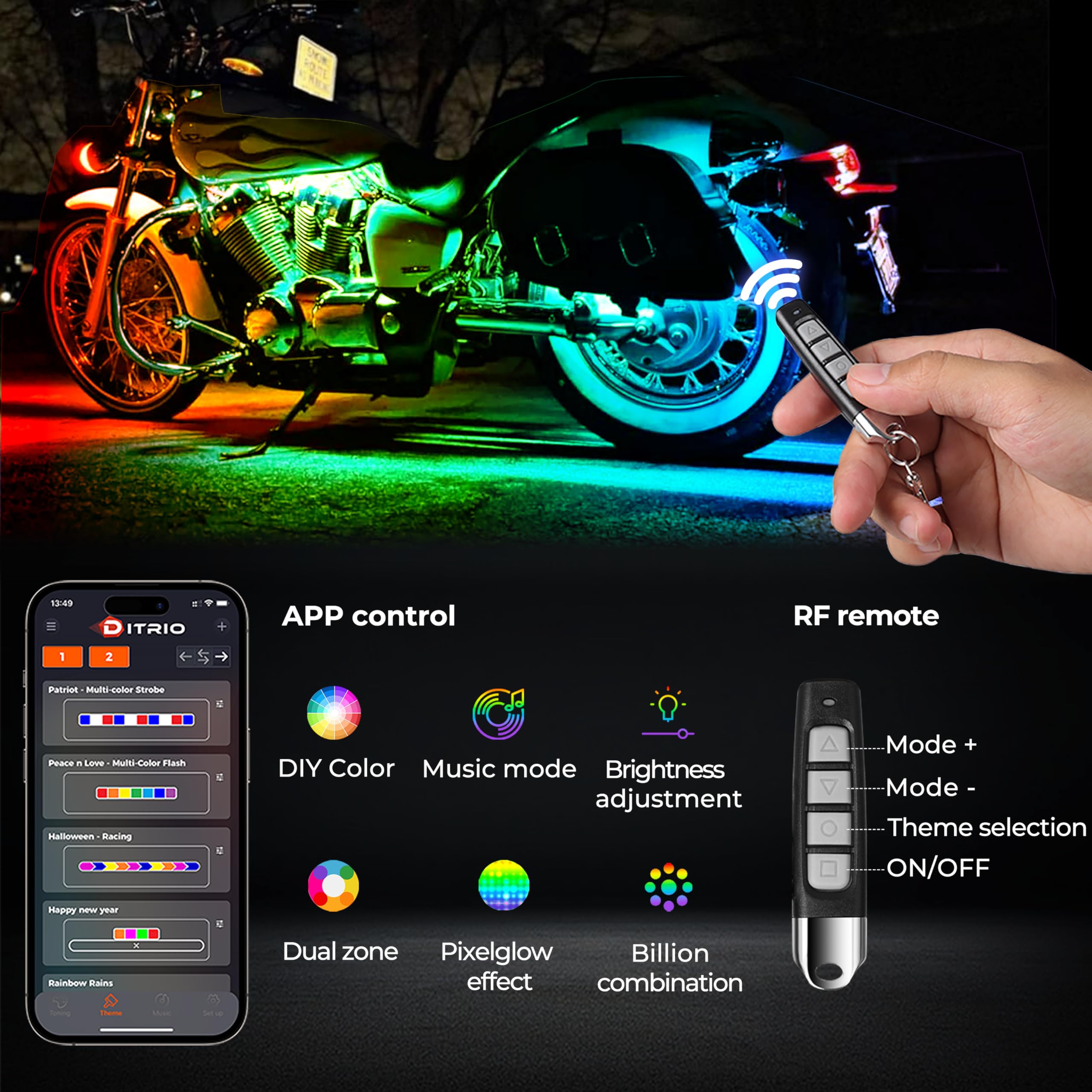 DITRIO 8Pcs Motorcycle LED Underglow Kit, RGB Lights with Remote Control, Waterproof Pixelglow Effects for Motorcycles, ATVs, UTVs