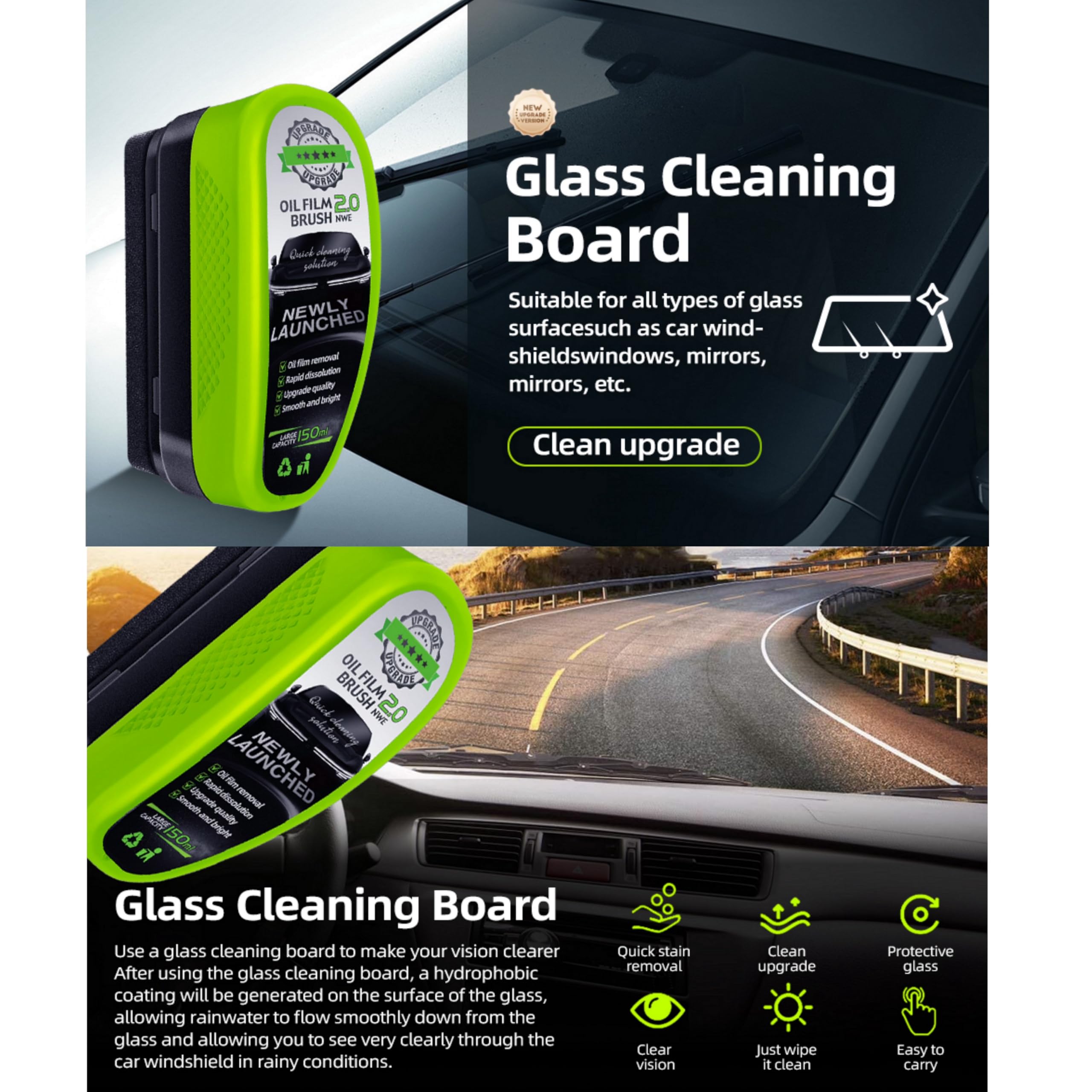 Einesin Automotive Oil Film Cleaning Brush, Green, Model 1-213, Reusable for Windshield, Prevents Rain and Fog