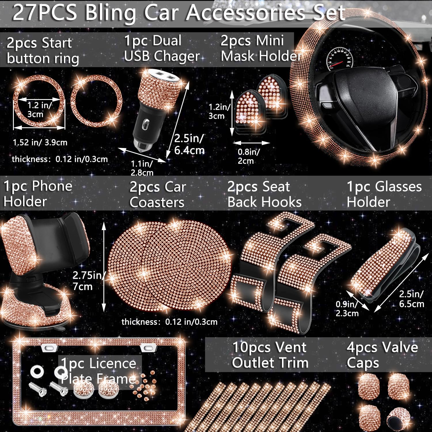 NBTEPEM 27 PCs Gold Champagne Bling Car Accessories Set, Universal 15" Steering Wheel Cover, Faux Leather, License Plate Frame, Phone Holder