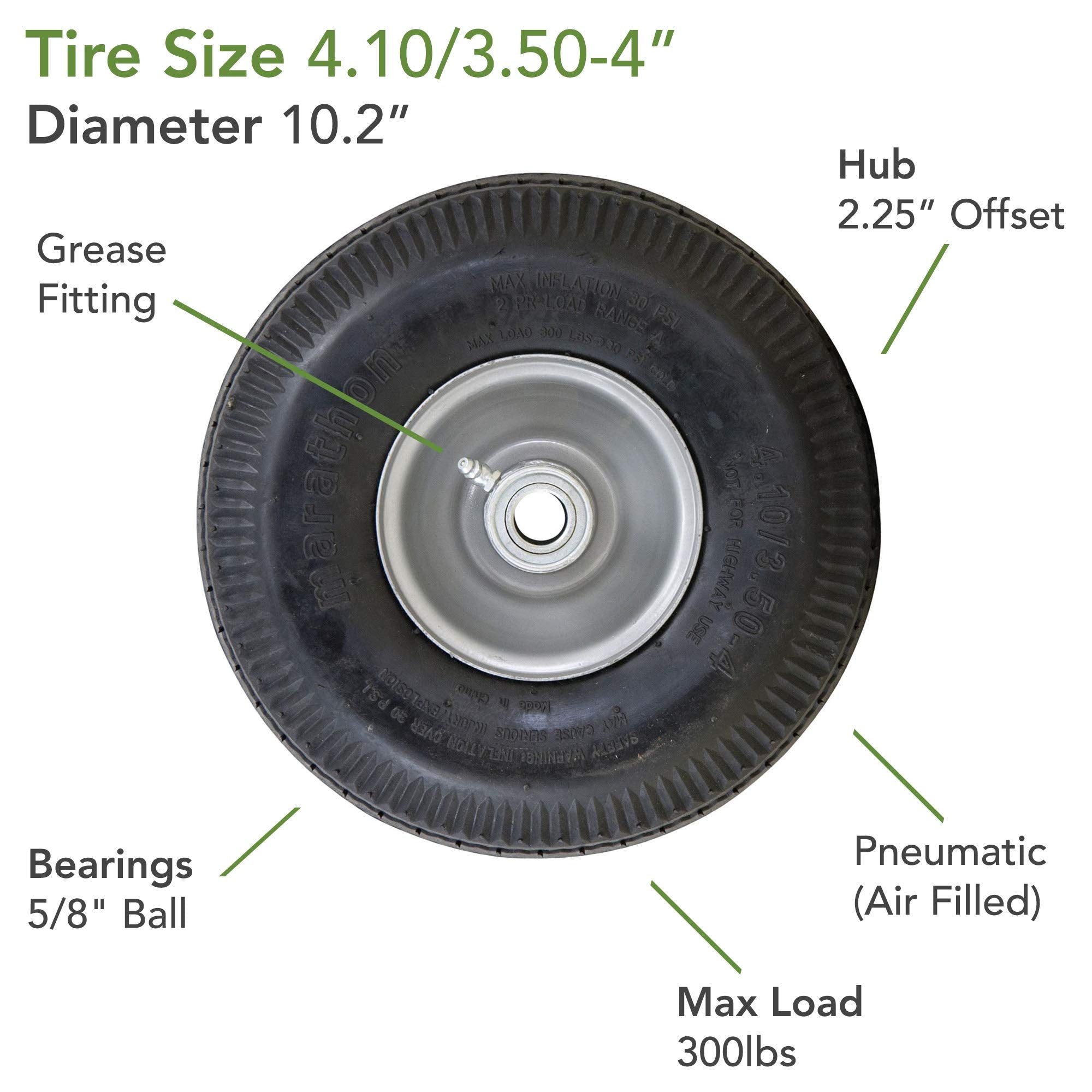 Marathon 4.10/3.50-4'' Pneumatic (Air Filled) Hand Truck / All Purpose Utility Tire On Wheel, 2.25'' Offset Hub, 5/8'' Bearings